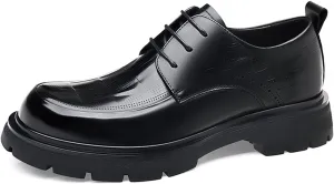 Men's Patent Leather Textured Platform Formal Lace-Up Oxford Shoes Retro Round Toe Lug Sole Non-Slip Business Wedding Brogue Dress Shoes