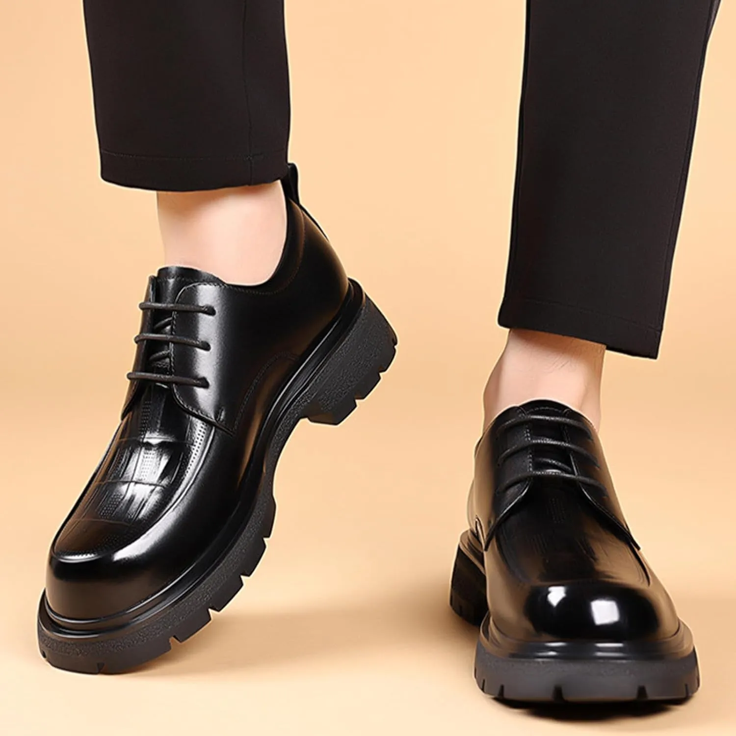 Men's Patent Leather Textured Platform Formal Lace-Up Oxford Shoes Retro Round Toe Lug Sole Non-Slip Business Wedding Brogue Dress Shoes