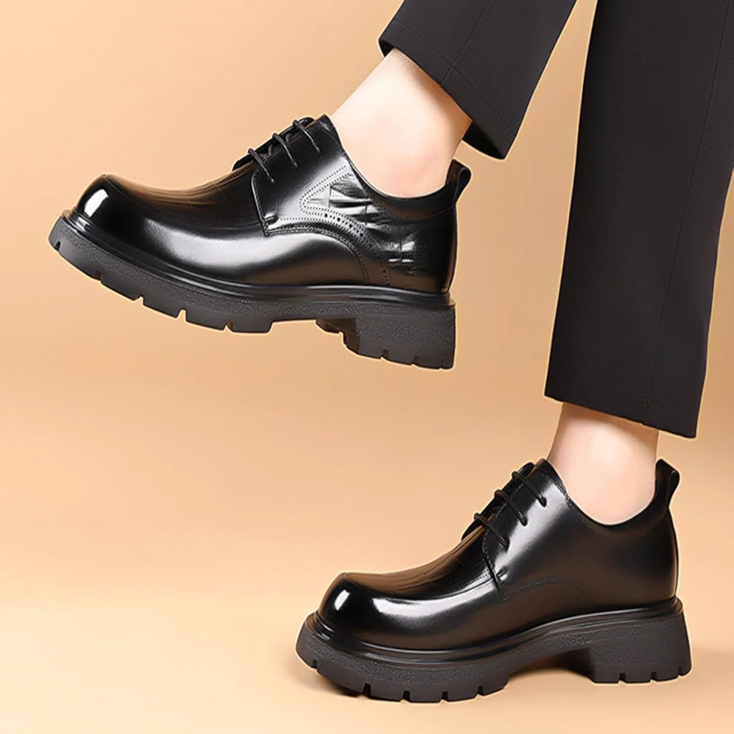 Men's Patent Leather Textured Platform Formal Lace-Up Oxford Shoes Retro Round Toe Lug Sole Non-Slip Business Wedding Brogue Dress Shoes