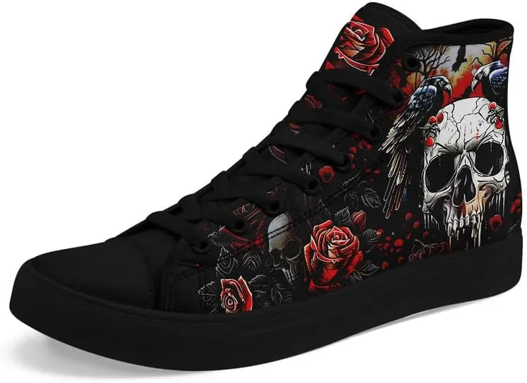 Men's Skull Canvas High Top Shoes Classic Fashion High Top Sneakers Unisex Casual Lace Up Tennis Shoes