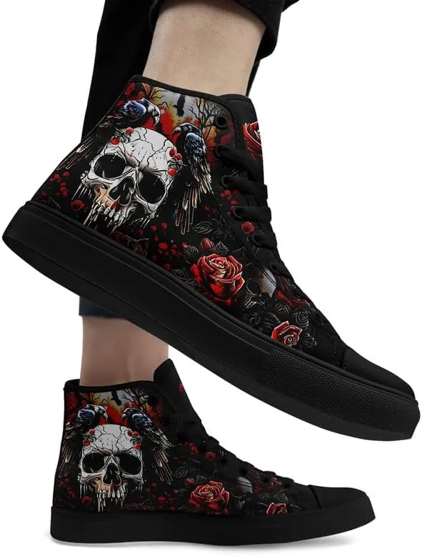 Men's Skull Canvas High Top Shoes Classic Fashion High Top Sneakers Unisex Casual Lace Up Tennis Shoes