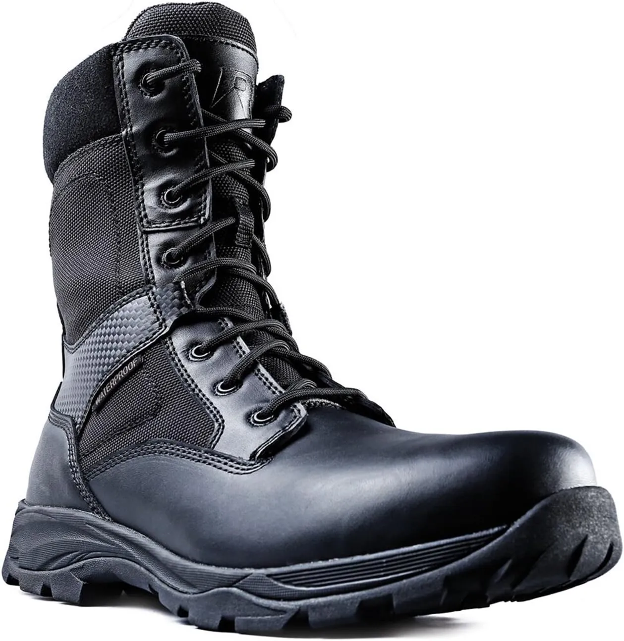 Mens Tactical Waterproof Composite Toe Boots Max Pro 8 with Zipper - Oil & Slip Resistant Black Leather Boots