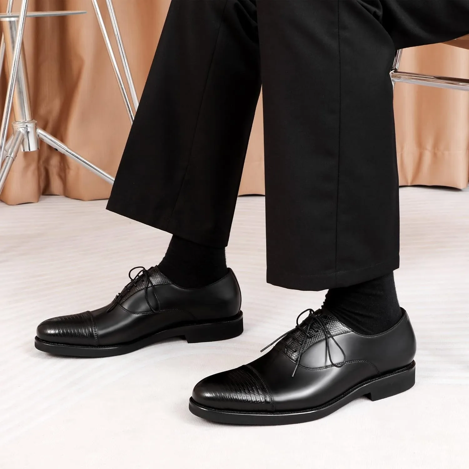Men's Textured Patterns Oxford Shoes Genuine Leather Cowhide Derby Comfy Flat Business Shoes