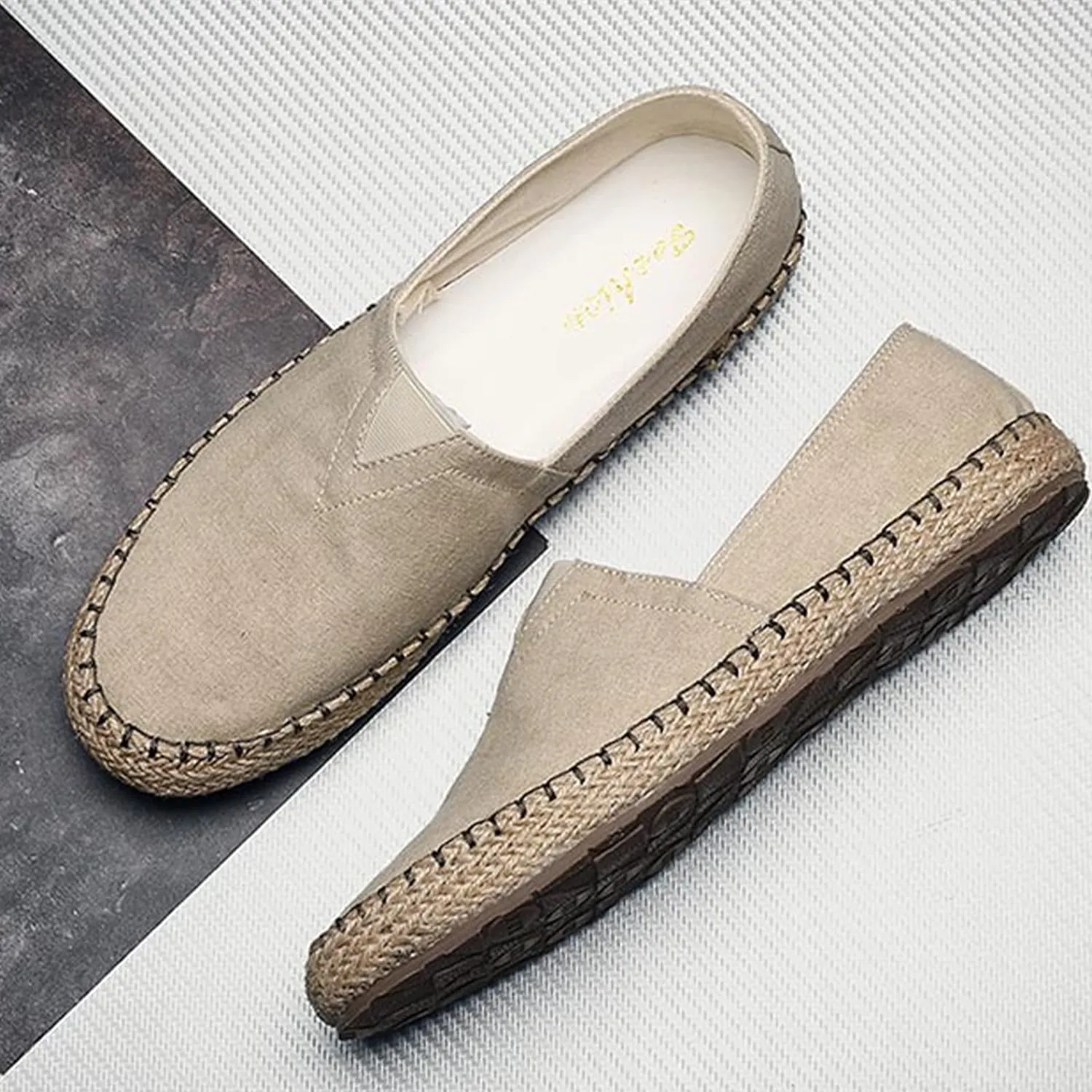 MILDSEVEN Men's Handmade Retro Linen Canvas Shoes, Pull On Straw Casual Shoes, Fashion Soft Fisherman Shoes, 15
