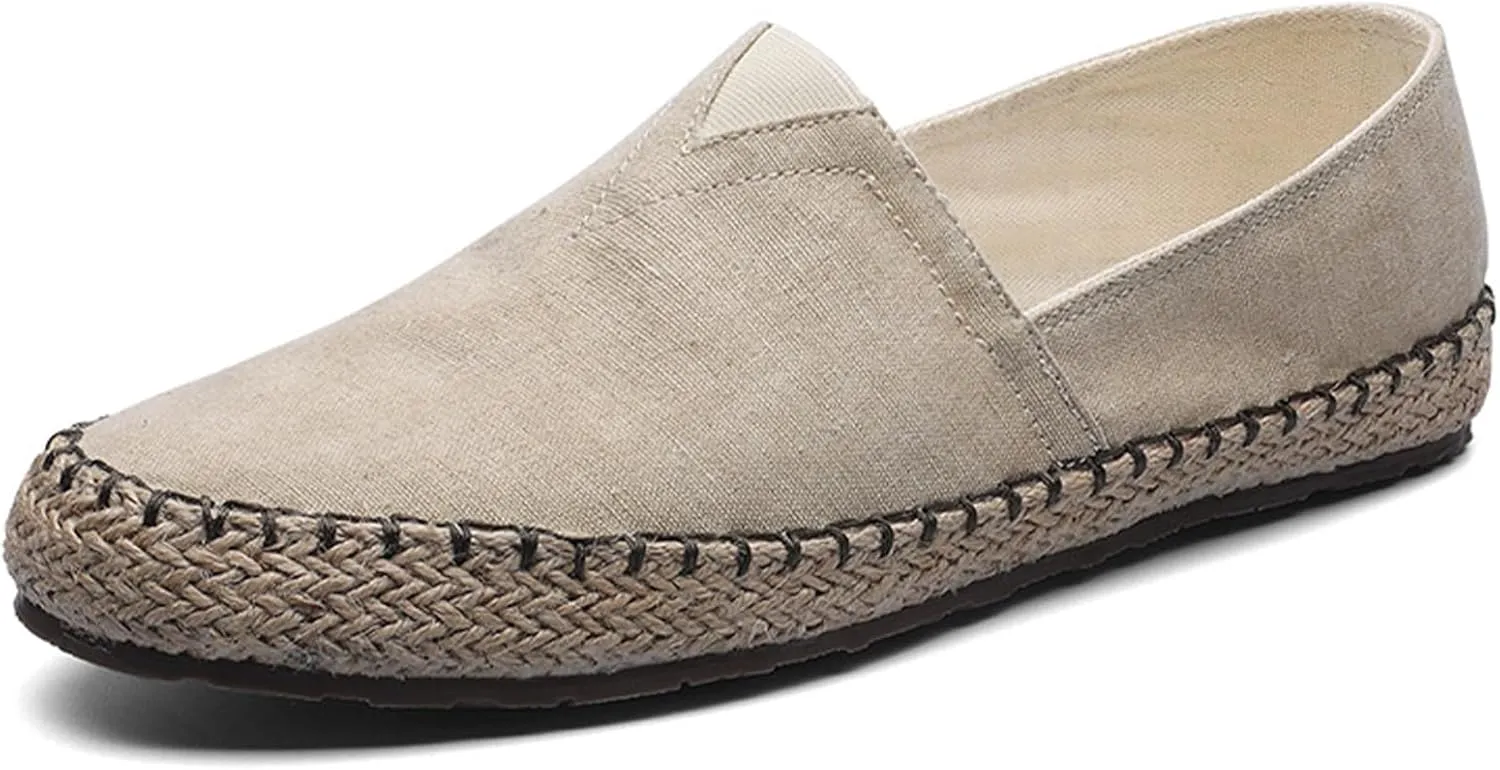 MILDSEVEN Men's Handmade Retro Linen Canvas Shoes, Pull On Straw Casual Shoes, Fashion Soft Fisherman Shoes, 15