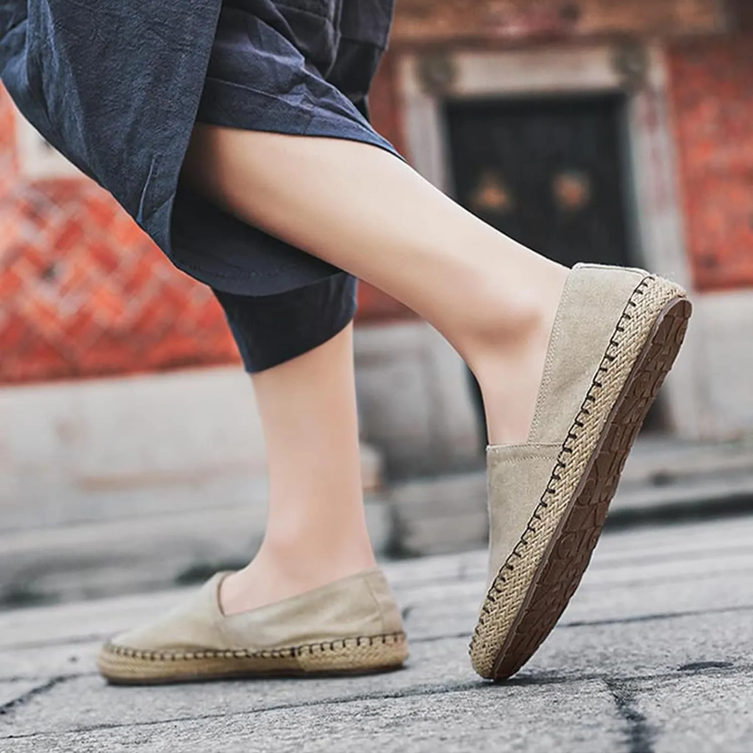 MILDSEVEN Men's Handmade Retro Linen Canvas Shoes, Pull On Straw Casual Shoes, Fashion Soft Fisherman Shoes, 15