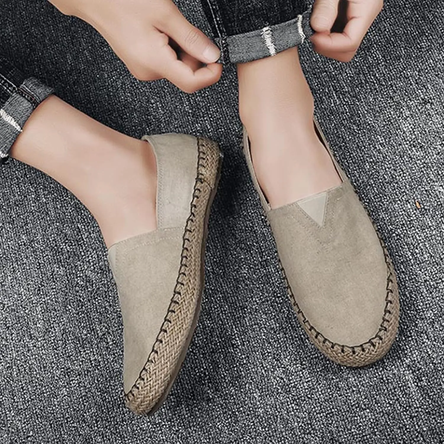 MILDSEVEN Men's Handmade Retro Linen Canvas Shoes, Pull On Straw Casual Shoes, Fashion Soft Fisherman Shoes, 15