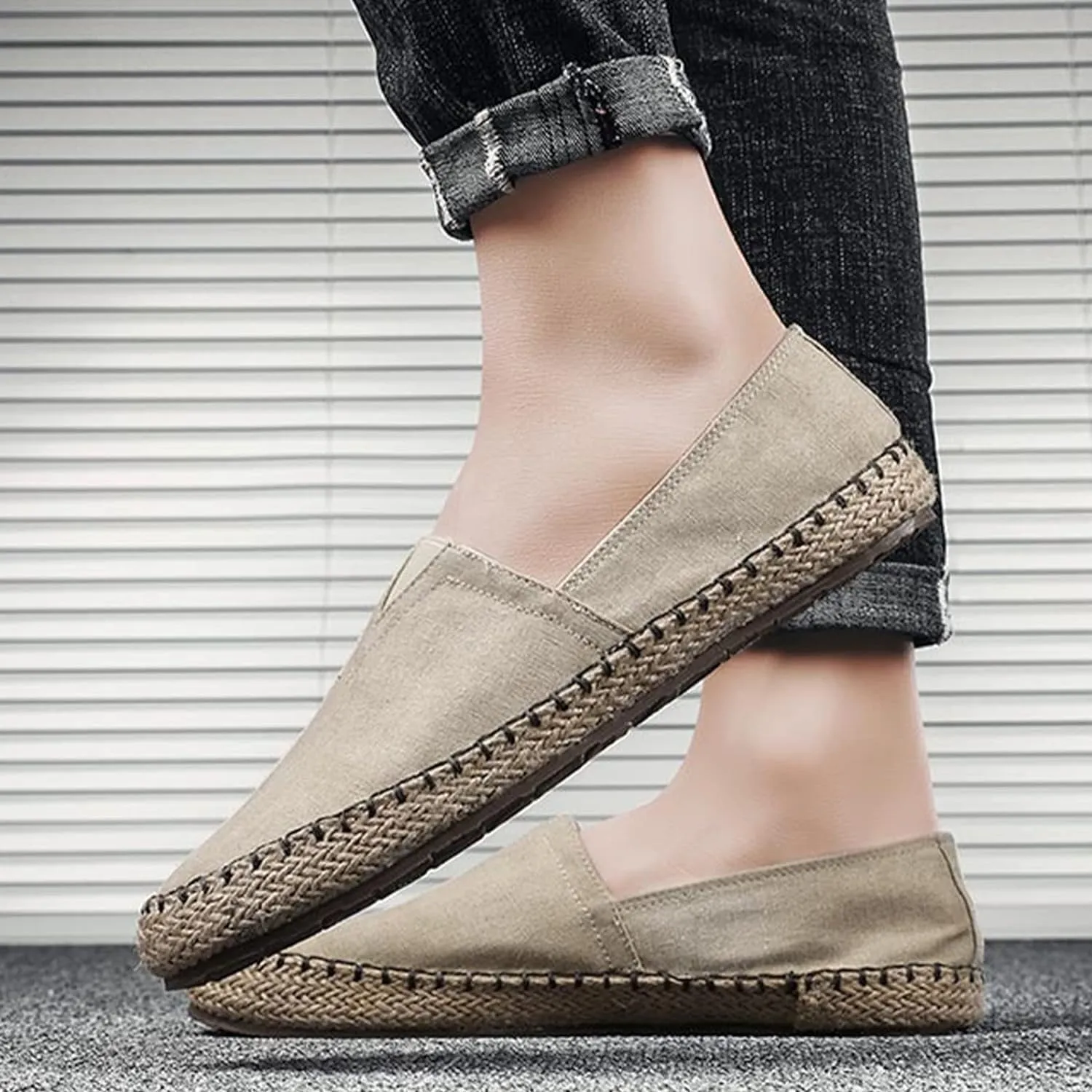 MILDSEVEN Men's Handmade Retro Linen Canvas Shoes, Pull On Straw Casual Shoes, Fashion Soft Fisherman Shoes, 15