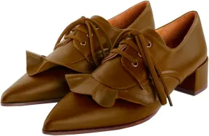 MOOMMO Women Chunky Heel Oxford Pumps Pointed Toe Lace Up Oxford Shoes Ruffle 2 inch Chunky Block Heel Dress Shoes Loafers Vintage Oxford Heels Matte Office 4-11 M US