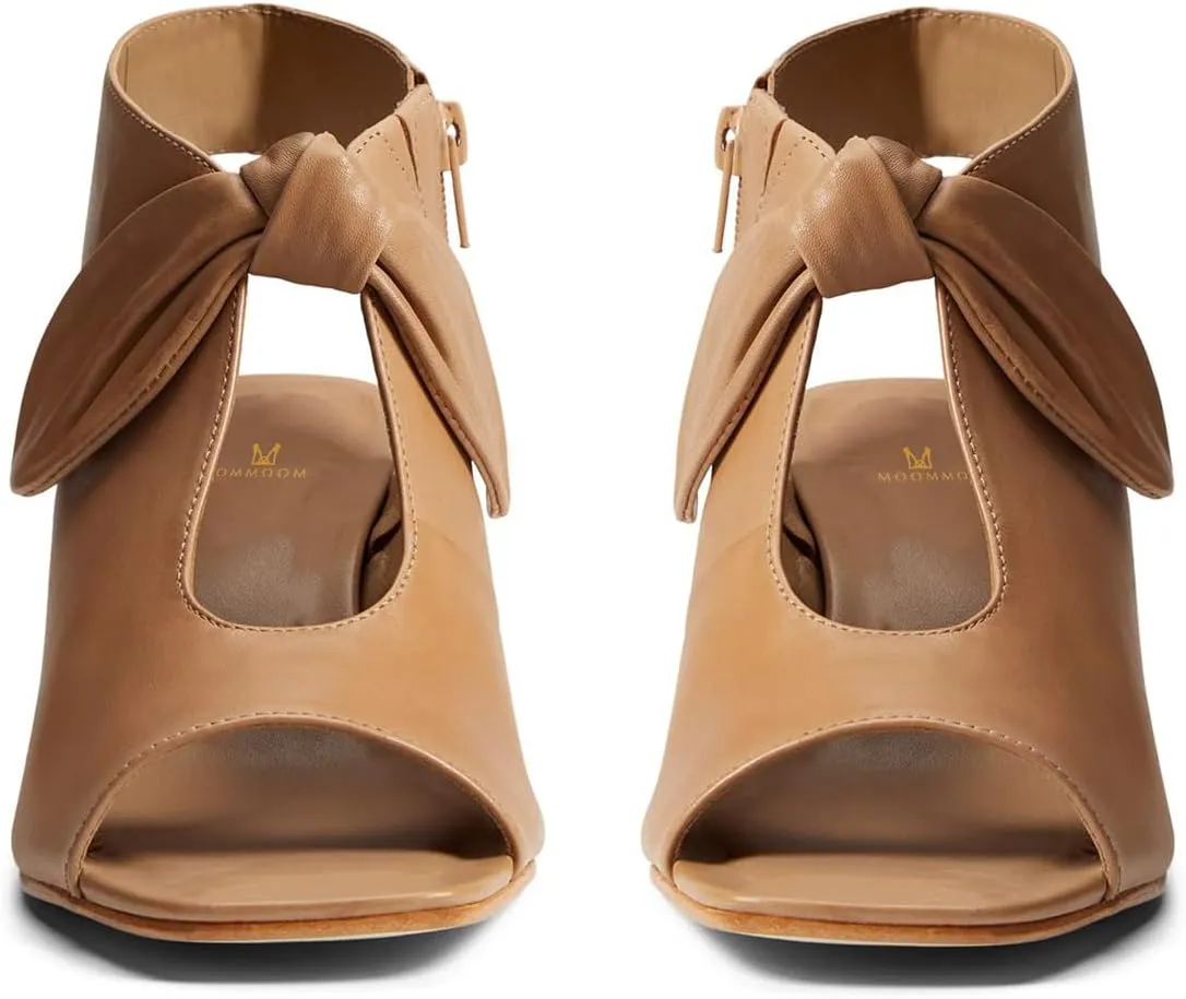 MOOMMO Women Heeled Sandals with Bow Open Toe Low Chunky Block Heel Sandal Booties Cutout 2" Heels Backless Slingback Dress Shoes Peep Toe Back Zipper Suede Sandal Dressy Summer Beach Casual 4-13 M US