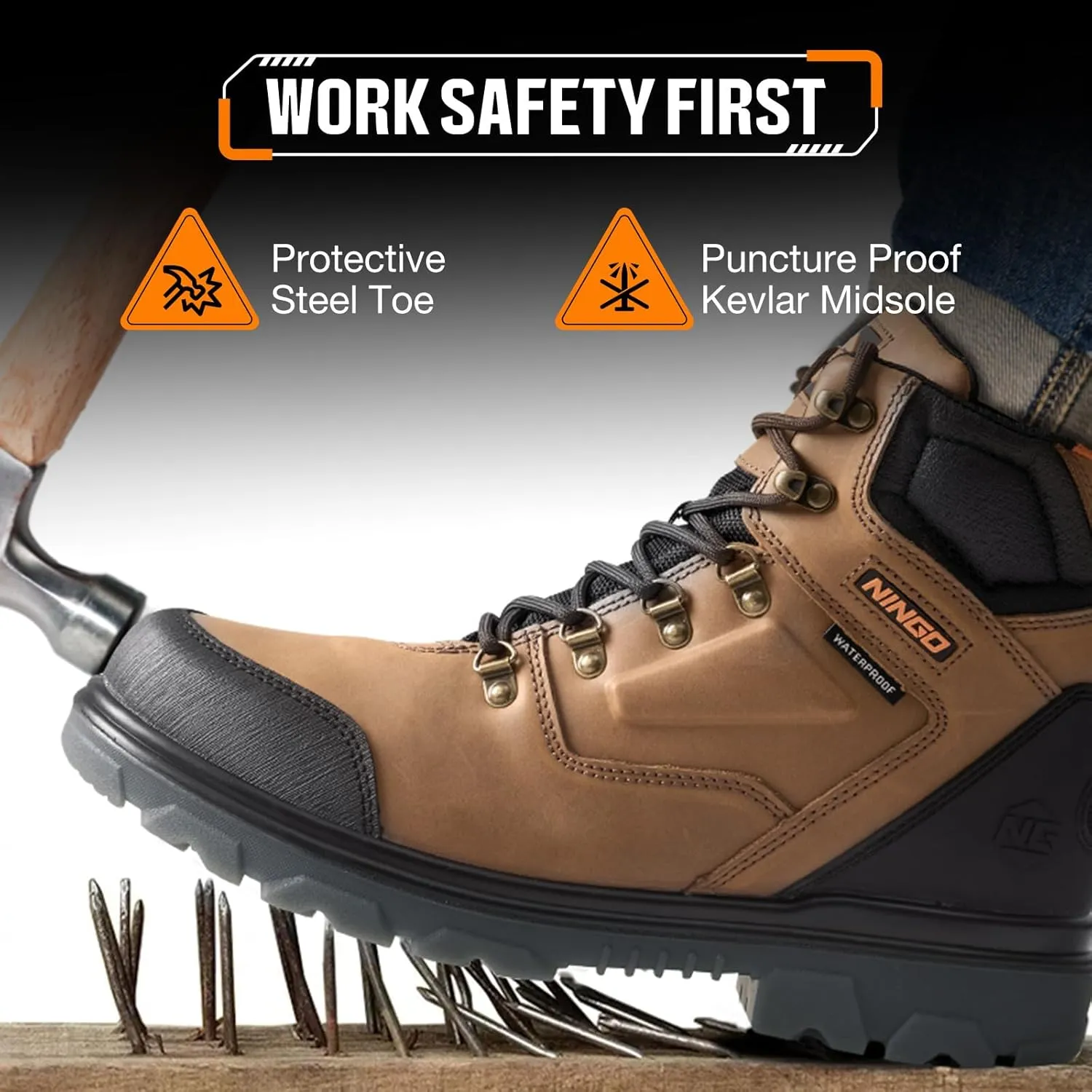 NINGO Mens Steel Toe Work Boots, Waterproof Heavy-Duty Safety Boots with Puncture Protection, Oil & Slip Resistant, Round Toe Construction Boots with Breathable Lining, EH Protection, for Industrial