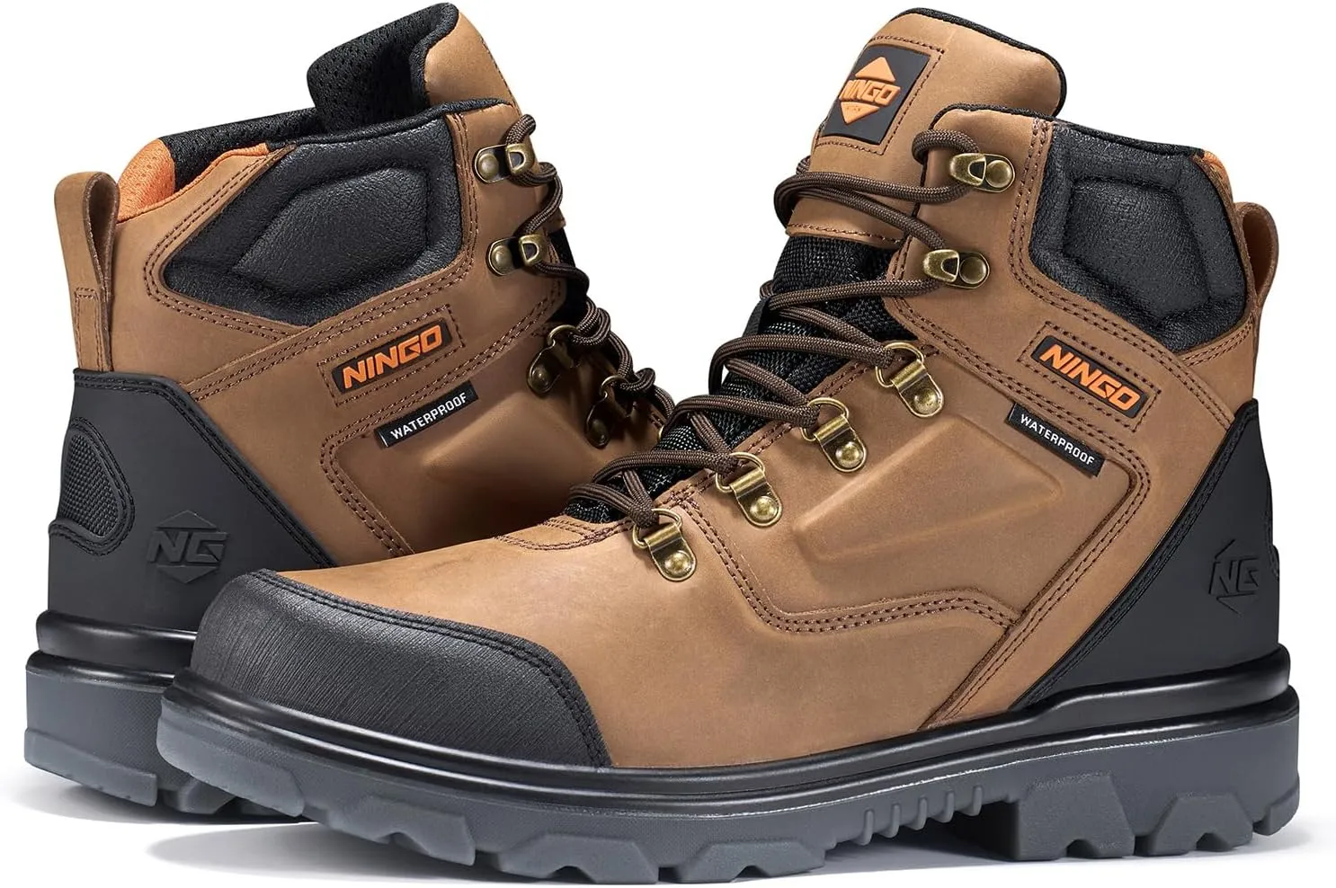 NINGO Mens Steel Toe Work Boots, Waterproof Heavy-Duty Safety Boots with Puncture Protection, Oil & Slip Resistant, Round Toe Construction Boots with Breathable Lining, EH Protection, for Industrial