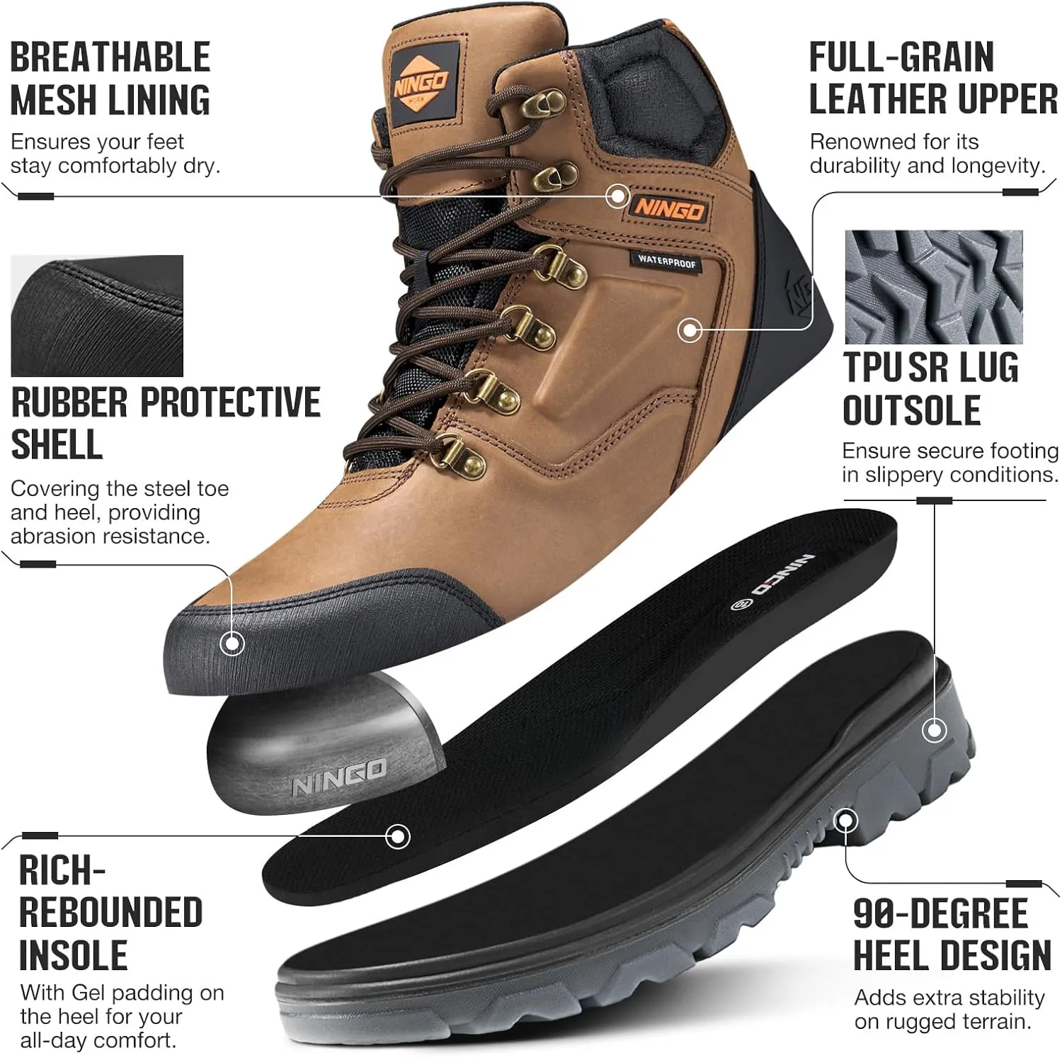 NINGO Mens Steel Toe Work Boots, Waterproof Heavy-Duty Safety Boots with Puncture Protection, Oil & Slip Resistant, Round Toe Construction Boots with Breathable Lining, EH Protection, for Industrial