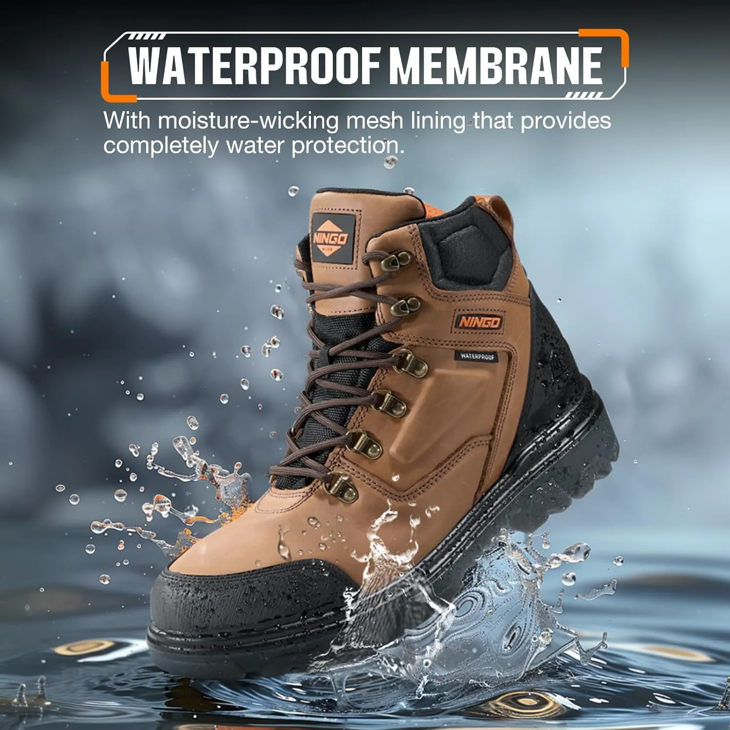 NINGO Mens Steel Toe Work Boots, Waterproof Heavy-Duty Safety Boots with Puncture Protection, Oil & Slip Resistant, Round Toe Construction Boots with Breathable Lining, EH Protection, for Industrial