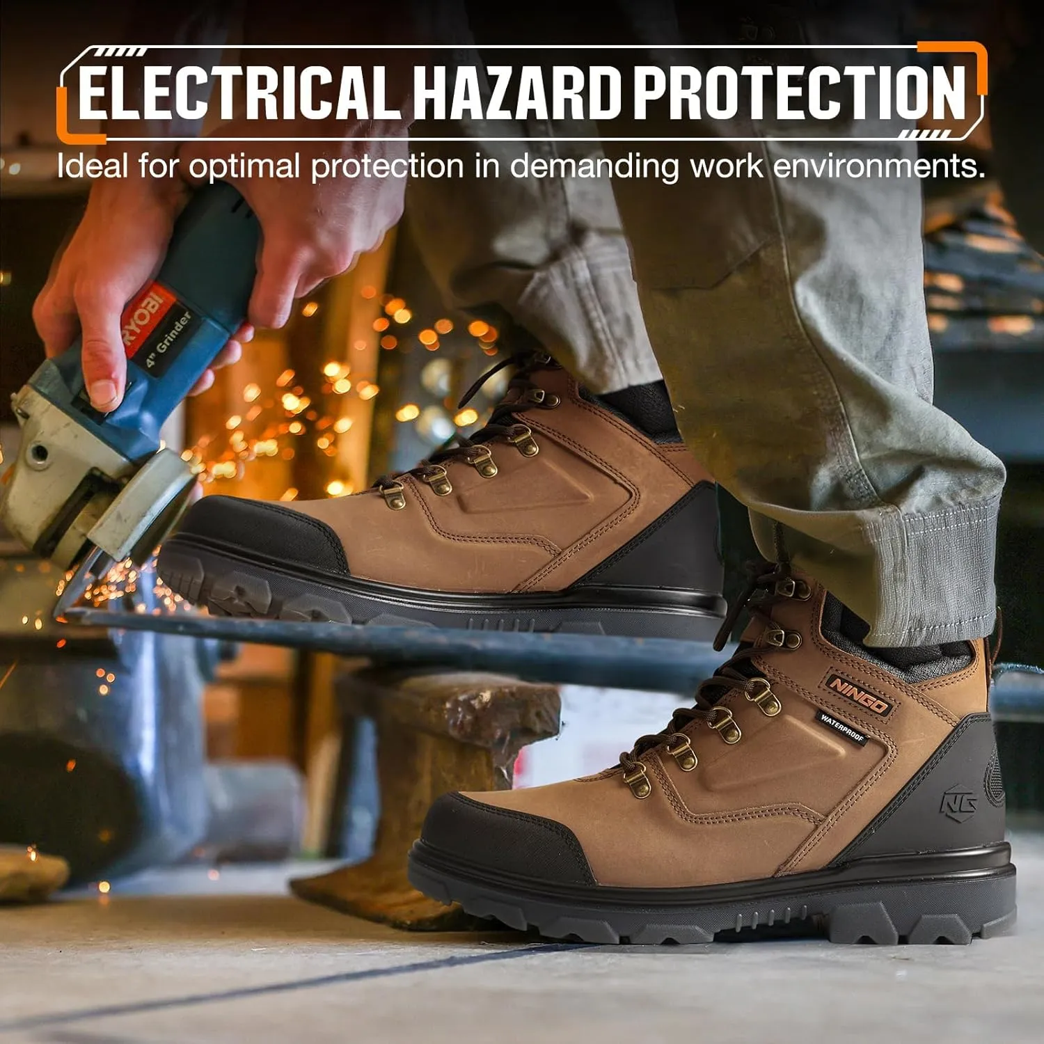 NINGO Mens Steel Toe Work Boots, Waterproof Heavy-Duty Safety Boots with Puncture Protection, Oil & Slip Resistant, Round Toe Construction Boots with Breathable Lining, EH Protection, for Industrial