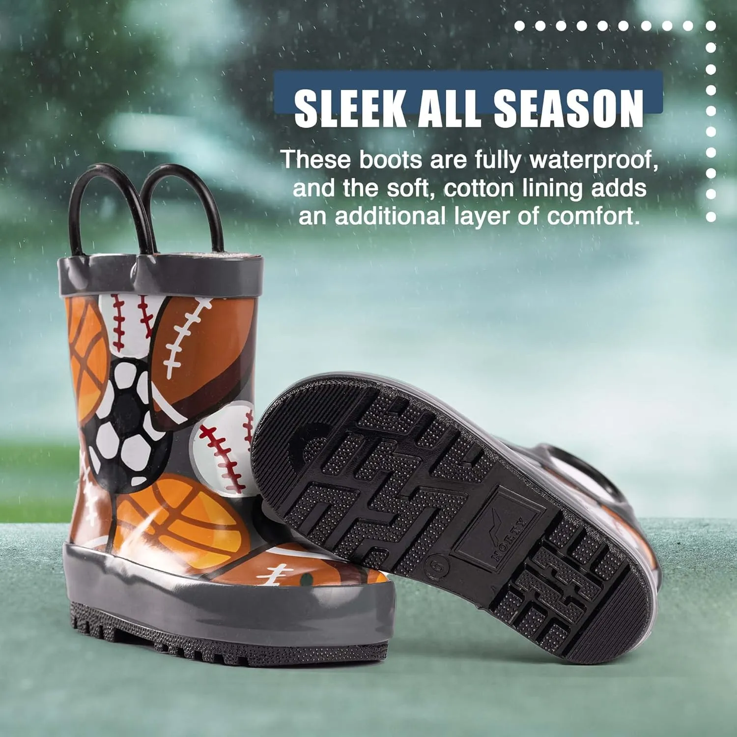 NORTY Rubber Rain Boots for Kids - Waterproof Rubber Boots Boys and Girls Solid & Printed Rainboots for Toddlers and Kids