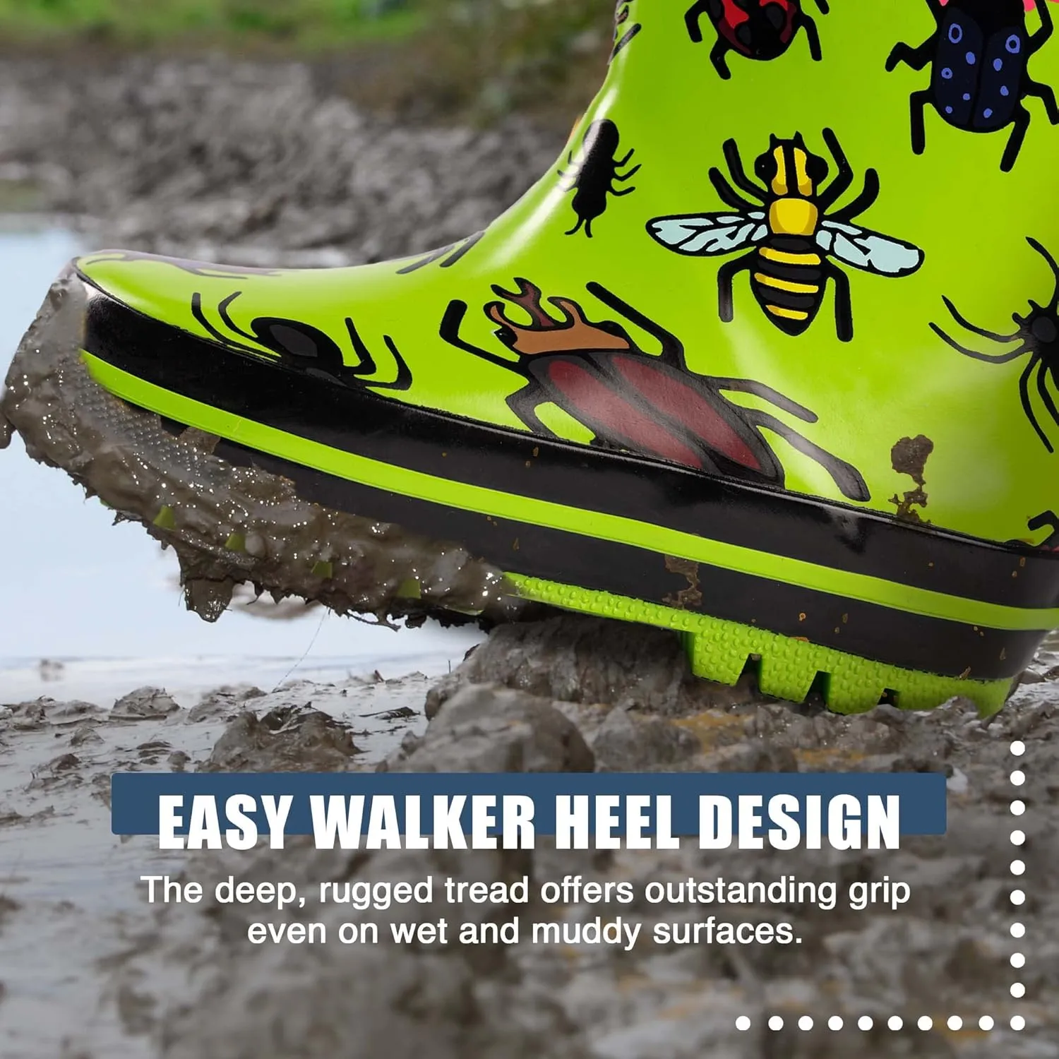 NORTY Rubber Rain Boots for Kids - Waterproof Rubber Boots Boys and Girls Solid & Printed Rainboots for Toddlers and Kids