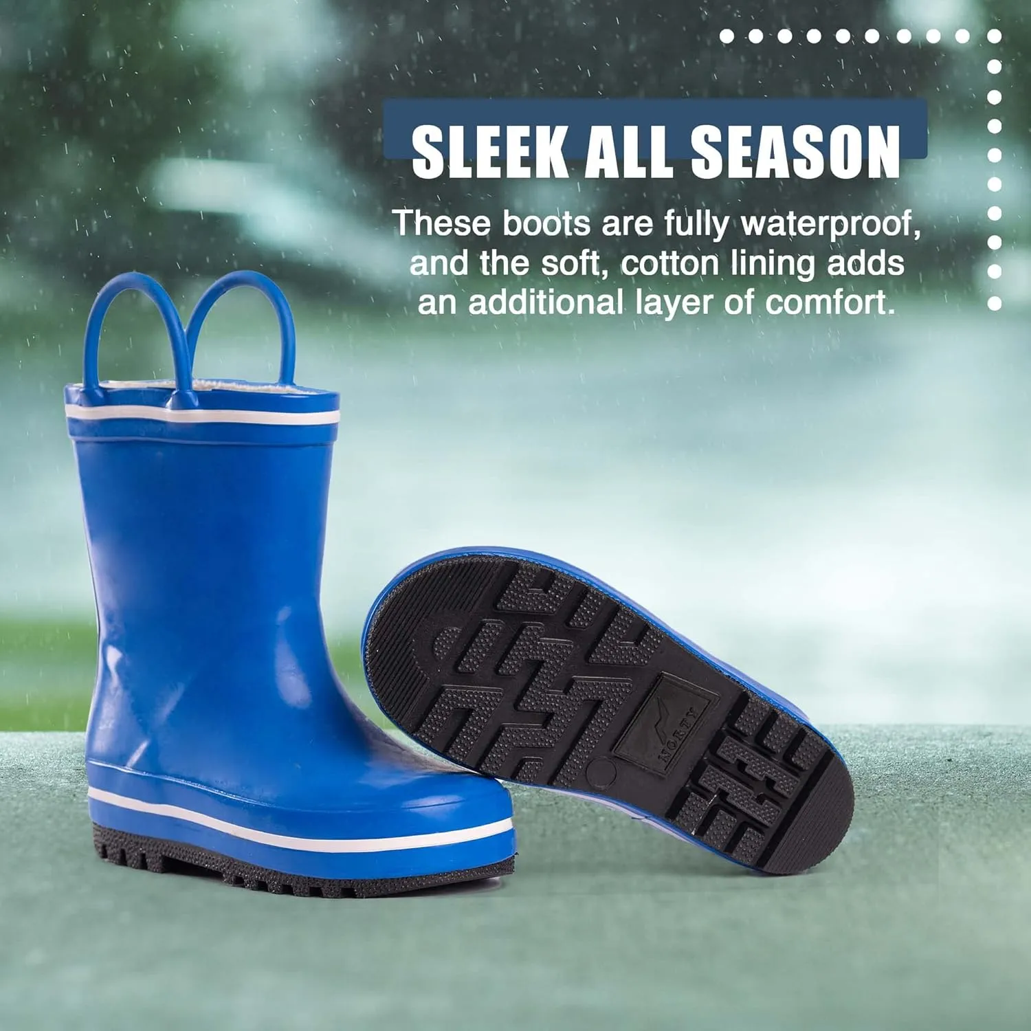 NORTY Rubber Rain Boots for Kids - Waterproof Rubber Boots Boys and Girls Solid & Printed Rainboots for Toddlers and Kids