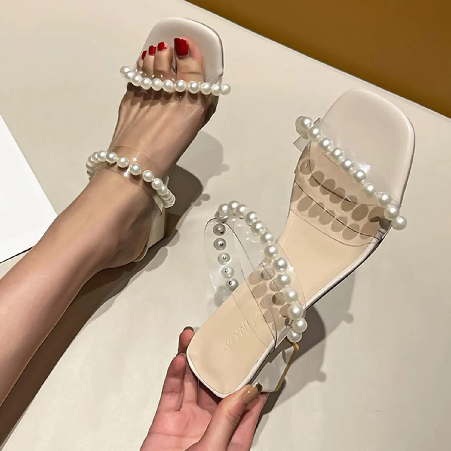 Nude Strappy Heels for Women Clear Pearl Strappy Square Open Toe Sandals Chunky Block Slip On Comfortable Shoes