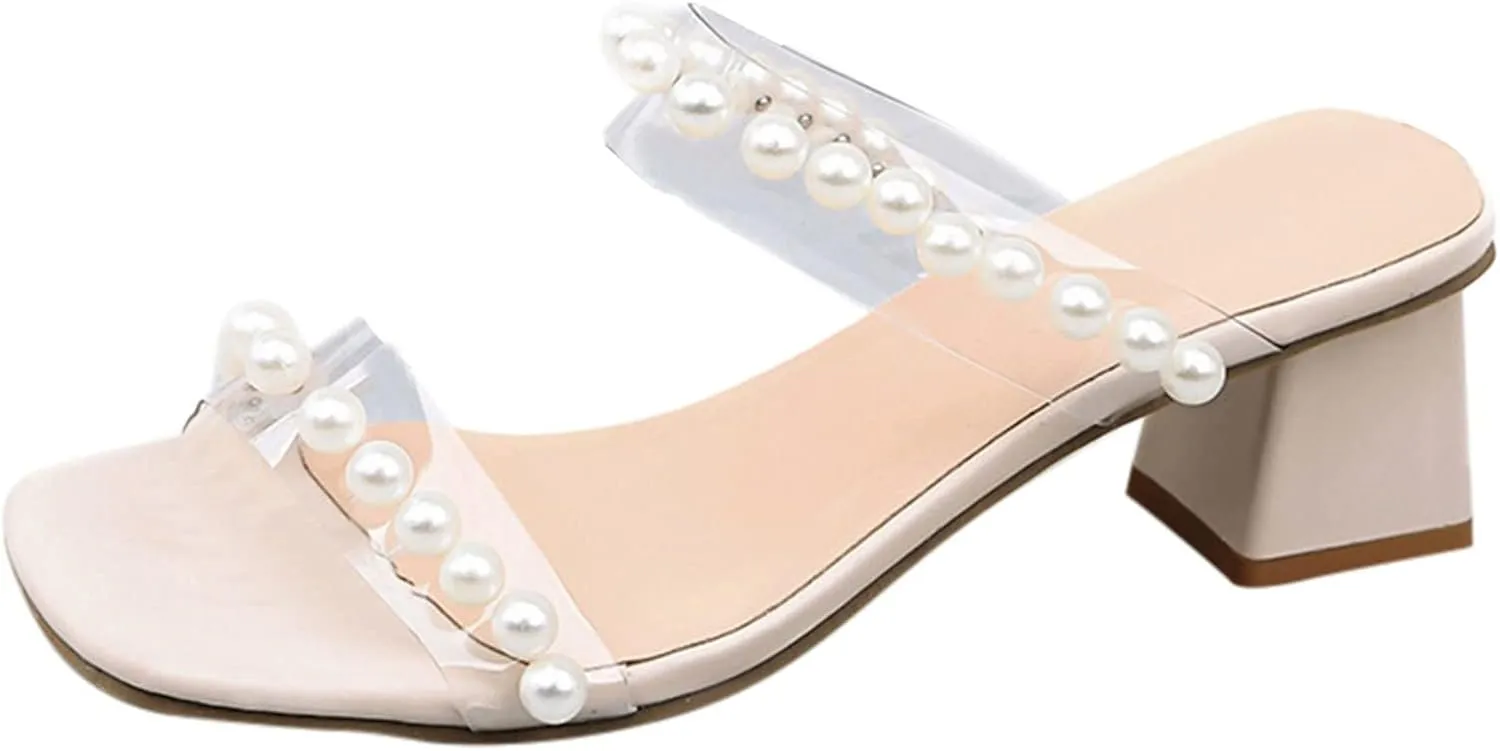 Nude Strappy Heels for Women Clear Pearl Strappy Square Open Toe Sandals Chunky Block Slip On Comfortable Shoes