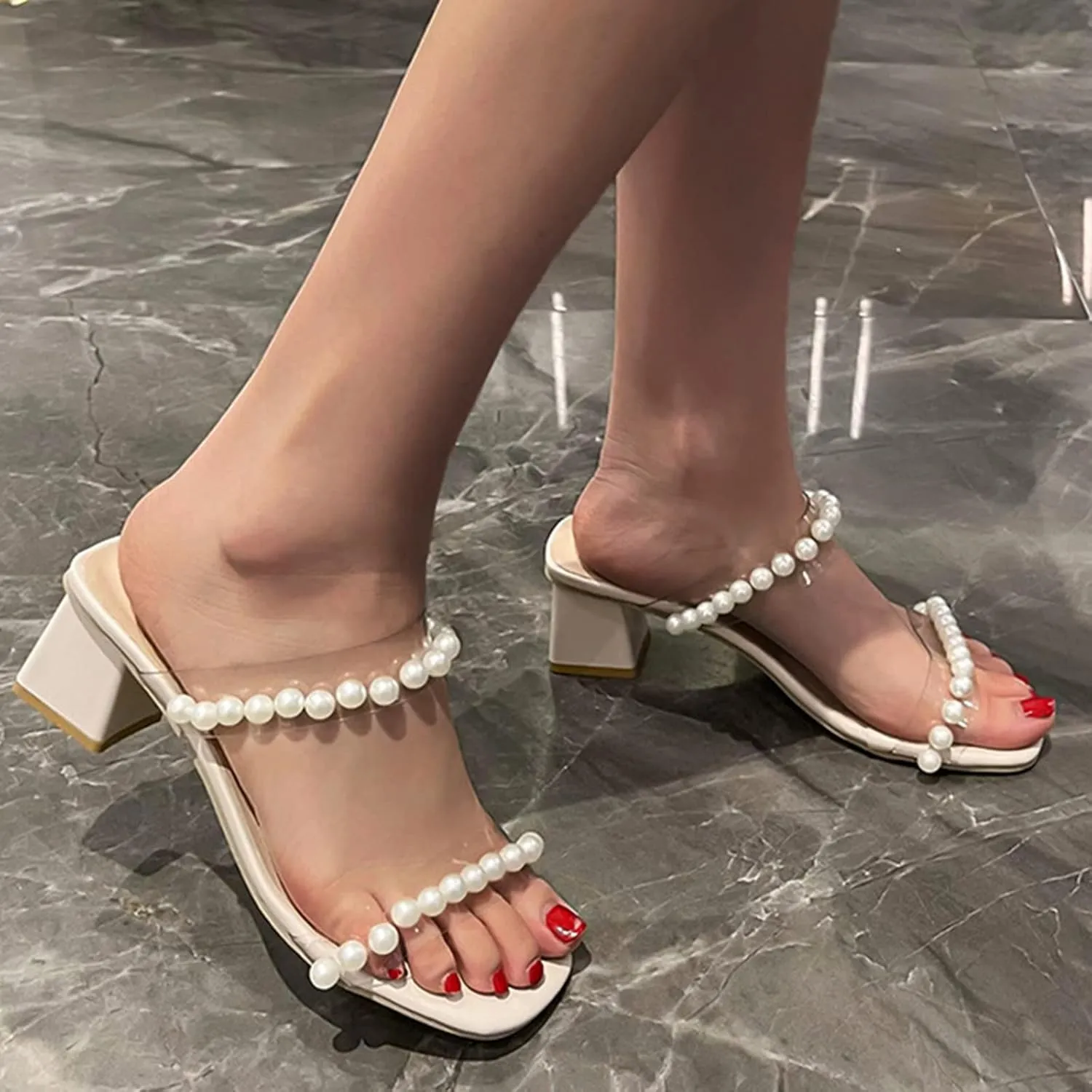 Nude Strappy Heels for Women Clear Pearl Strappy Square Open Toe Sandals Chunky Block Slip On Comfortable Shoes
