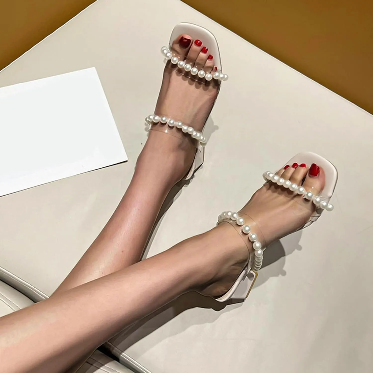 Nude Strappy Heels for Women Clear Pearl Strappy Square Open Toe Sandals Chunky Block Slip On Comfortable Shoes