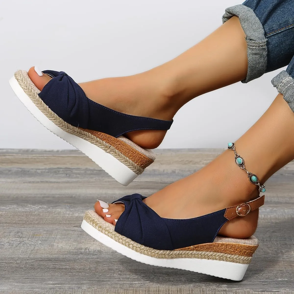 Orthopedic Sandals for Women, Women Walking Slip On Wedge Sandals Summer Dressy Open Toe Ankle Strap Platform Beach Shoes Fashion Slingback Espadrille Bowknot Casual Shoes