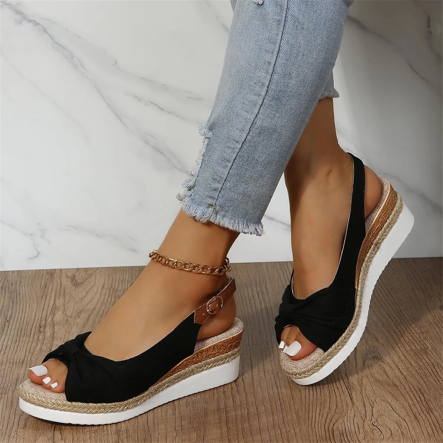 Orthopedic Sandals for Women, Women Walking Slip On Wedge Sandals Summer Dressy Open Toe Ankle Strap Platform Beach Shoes Fashion Slingback Espadrille Bowknot Casual Shoes