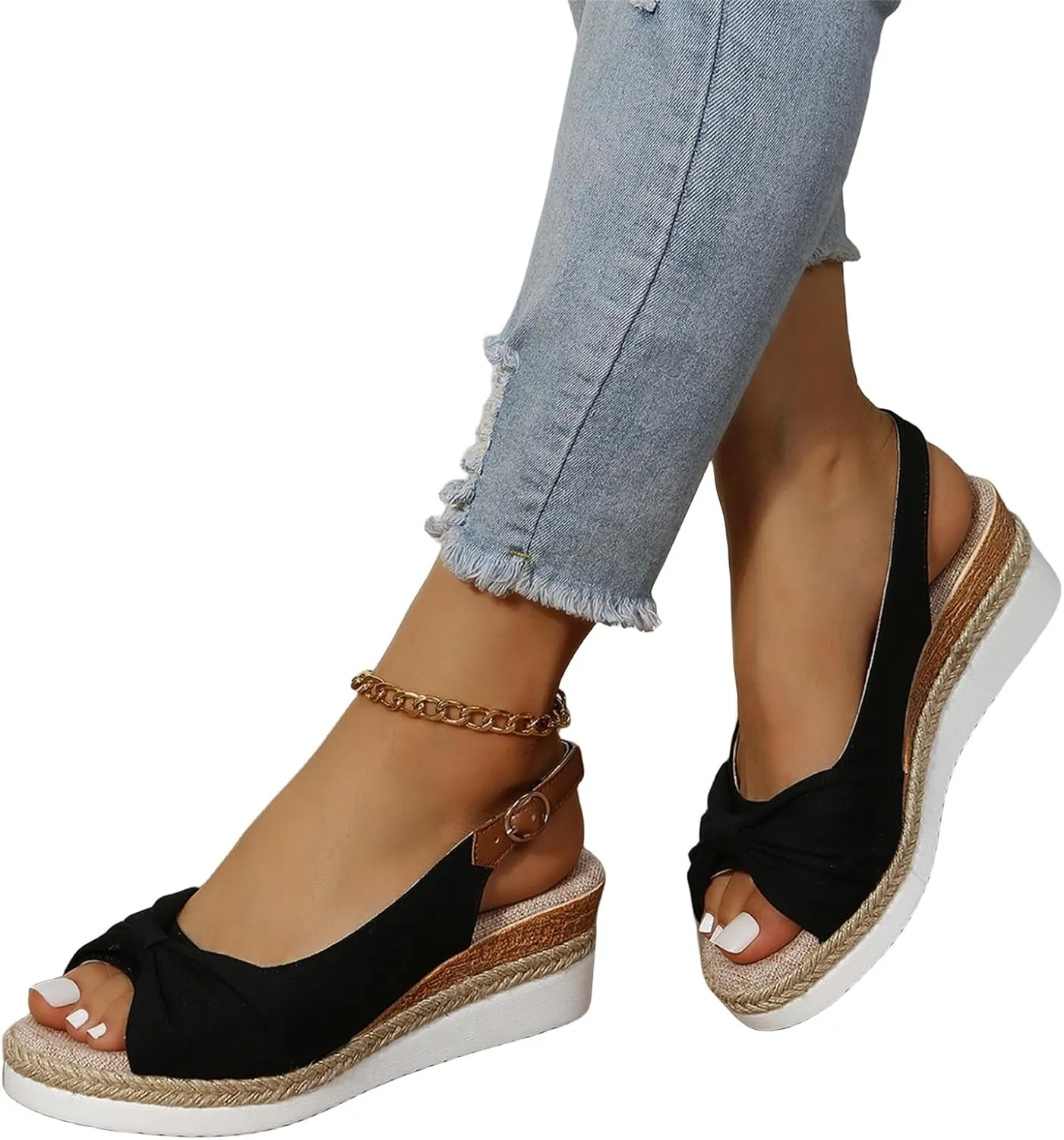 Orthopedic Sandals for Women, Women Walking Slip On Wedge Sandals Summer Dressy Open Toe Ankle Strap Platform Beach Shoes Fashion Slingback Espadrille Bowknot Casual Shoes
