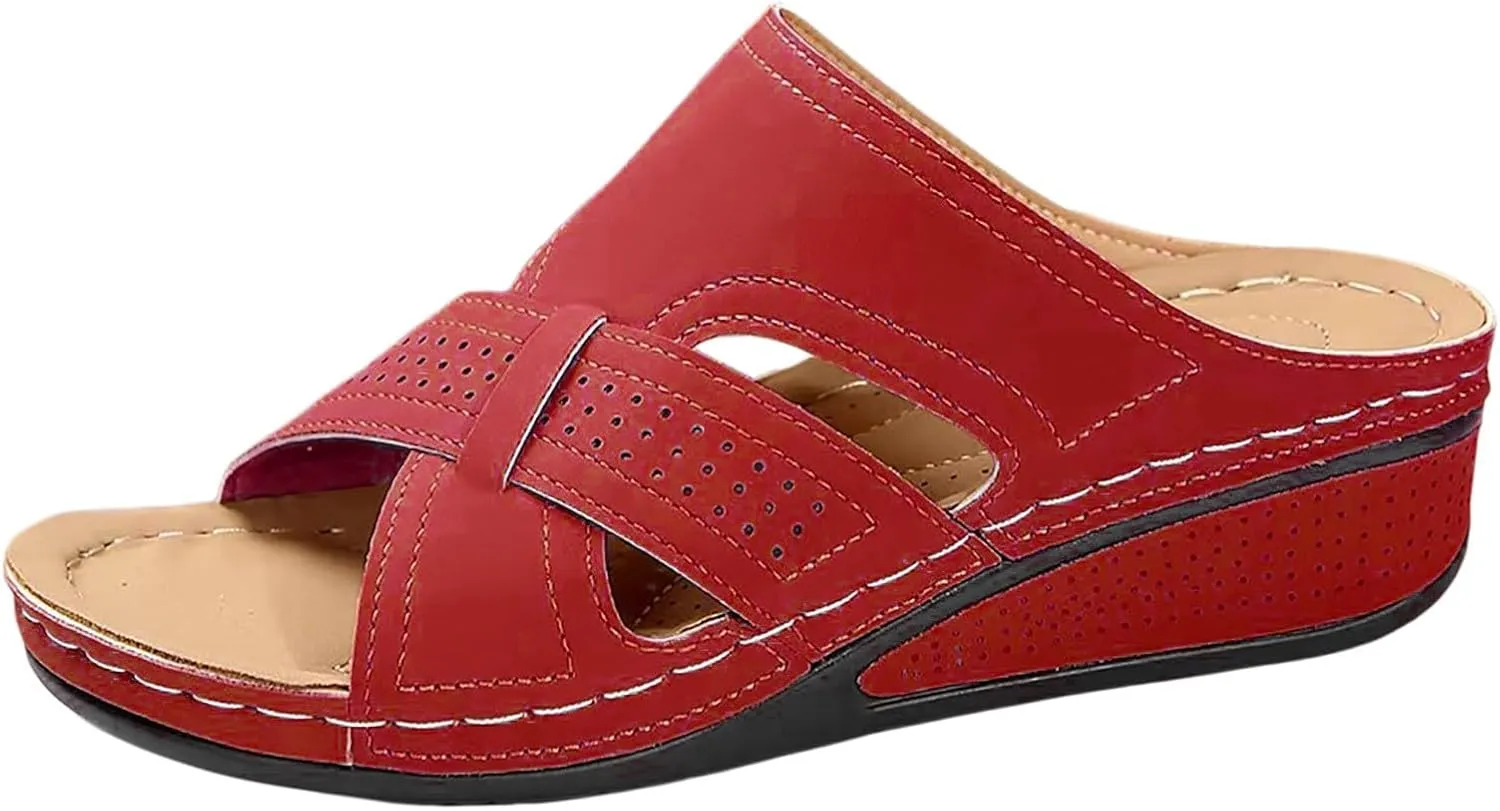 Orthopedic Wedge Sandals for Women Comfortable Orthotic Leather Wedges Slides Platform Heel Arch Support Slip