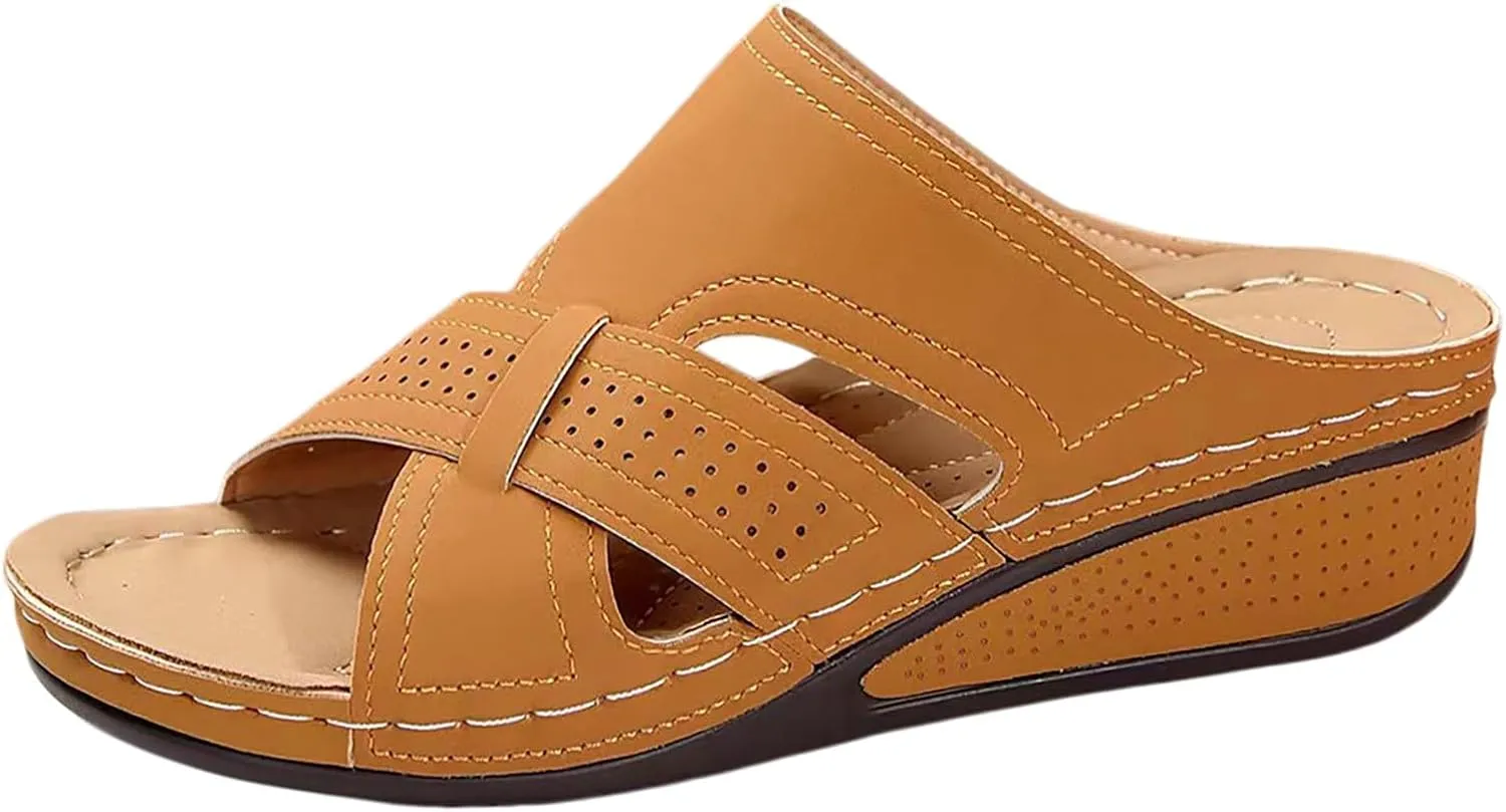 Orthopedic Wedge Sandals for Women Comfortable Orthotic Leather Wedges Slides Platform Heel Arch Support Slip