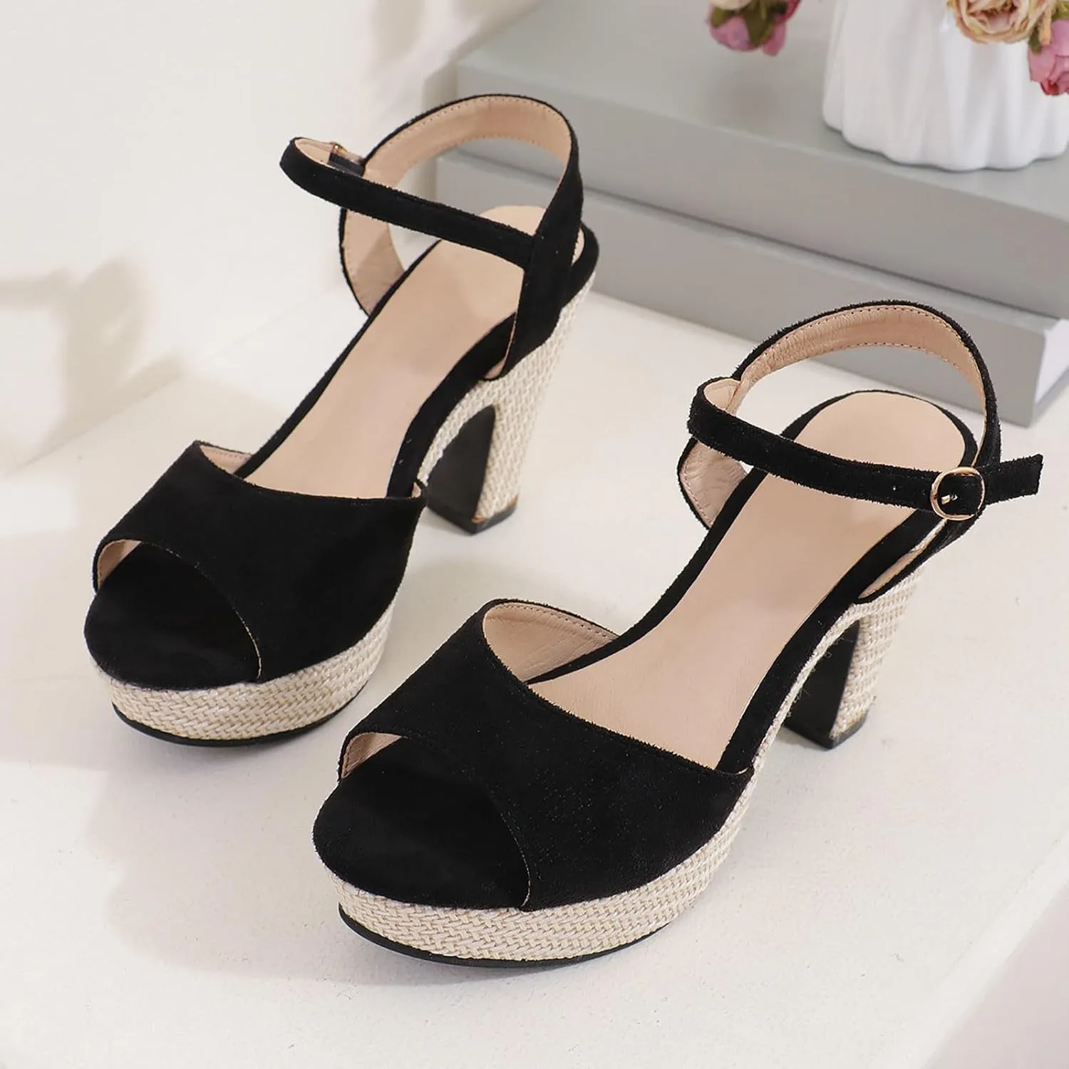 Platform Heels for Women Black Dress Shoes Chunky High Heel Sandals Ankle Strap Wedding Evening Party Dress Pumps