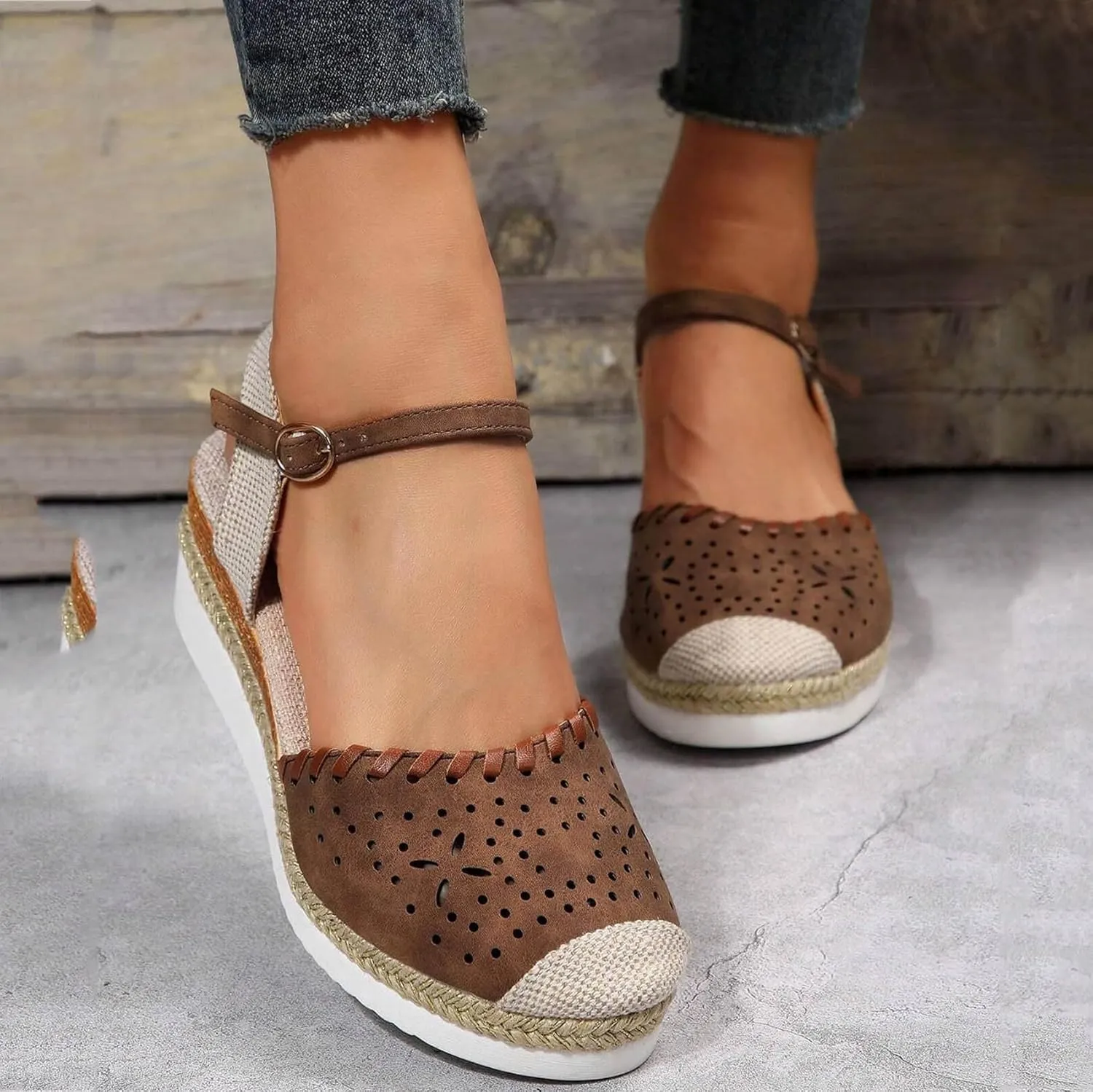Retro Wedge Heels Women's Closed Toe Platform Sandals with Elastic Ankle Strap - Canvas Summer Dressy Shoes
