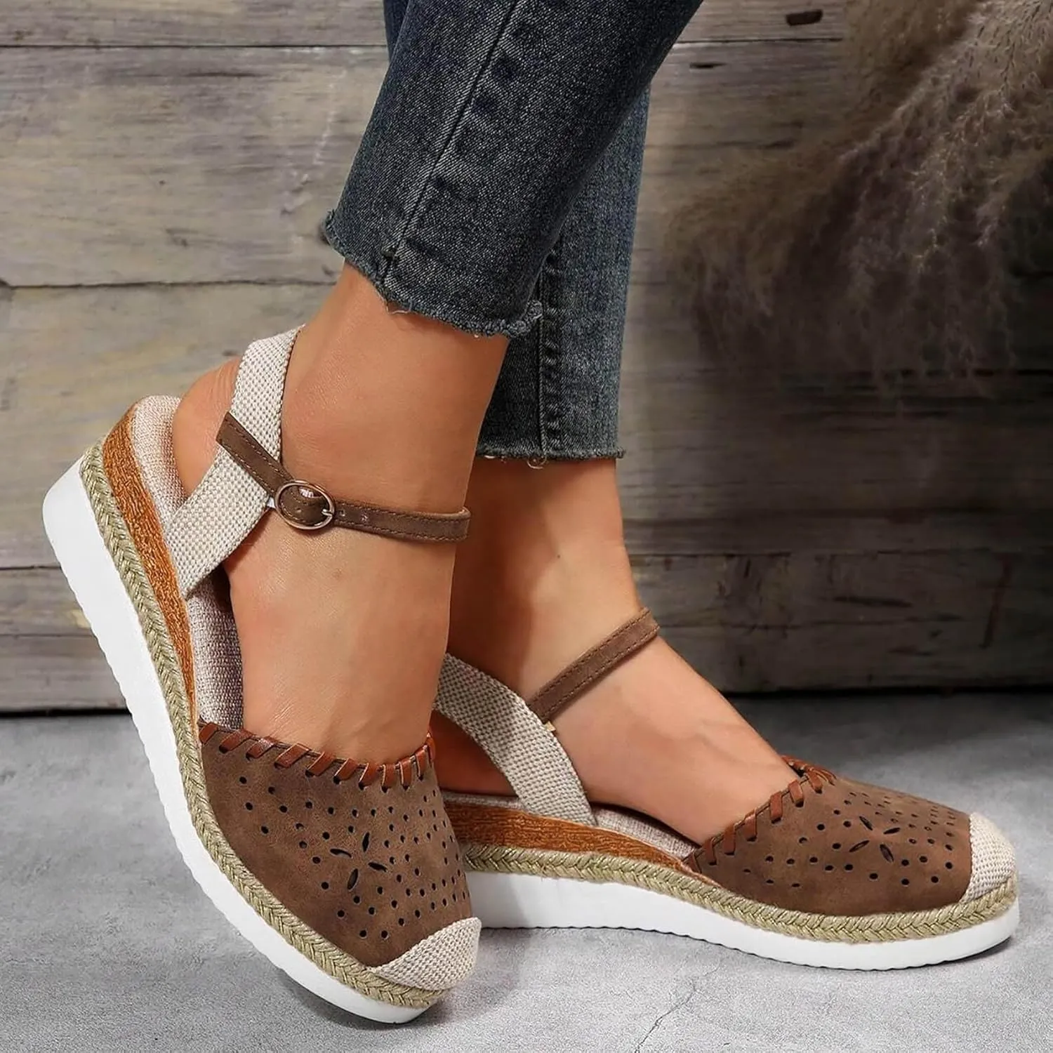 Retro Wedge Heels Women's Closed Toe Platform Sandals with Elastic Ankle Strap - Canvas Summer Dressy Shoes