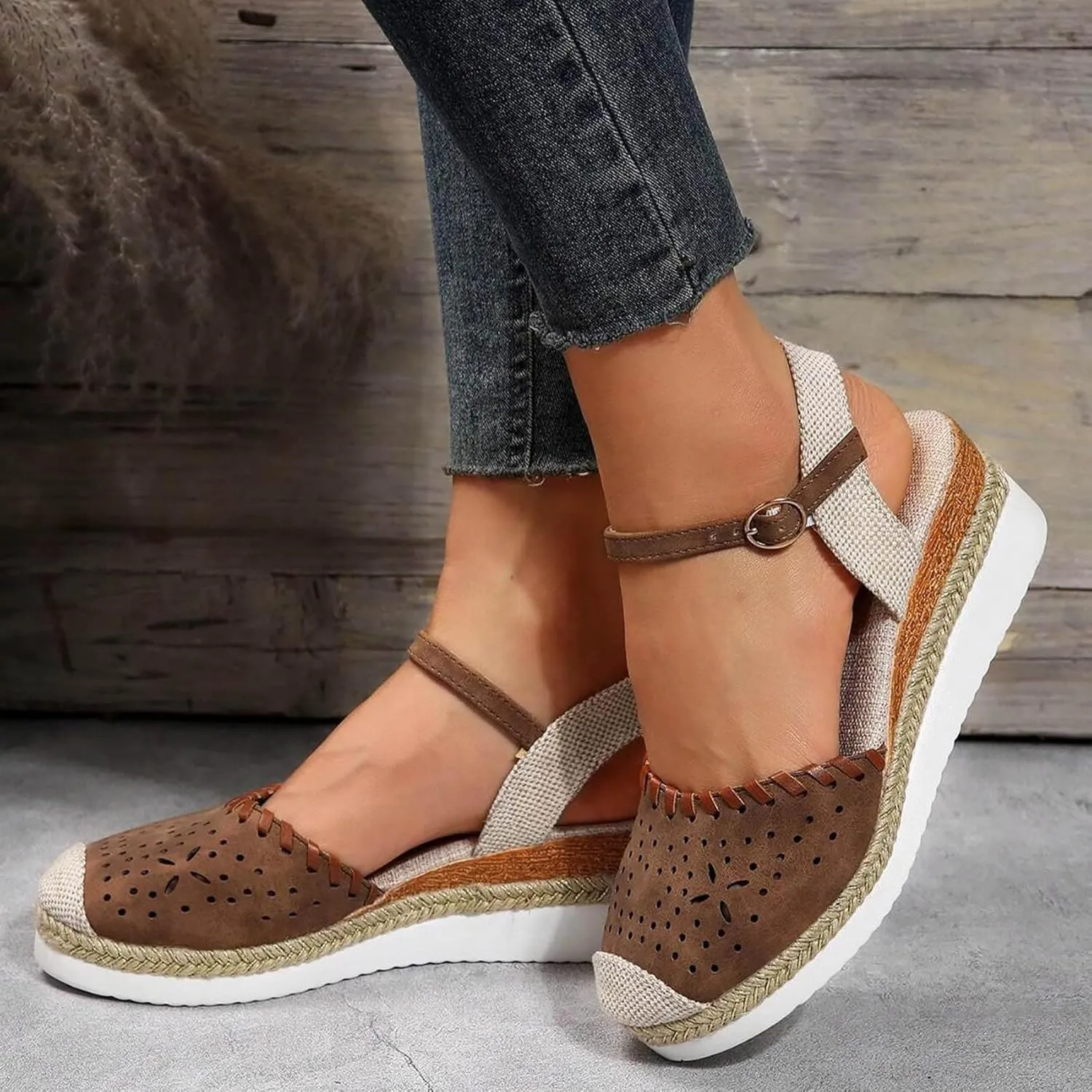 Retro Wedge Heels Women's Closed Toe Platform Sandals with Elastic Ankle Strap - Canvas Summer Dressy Shoes