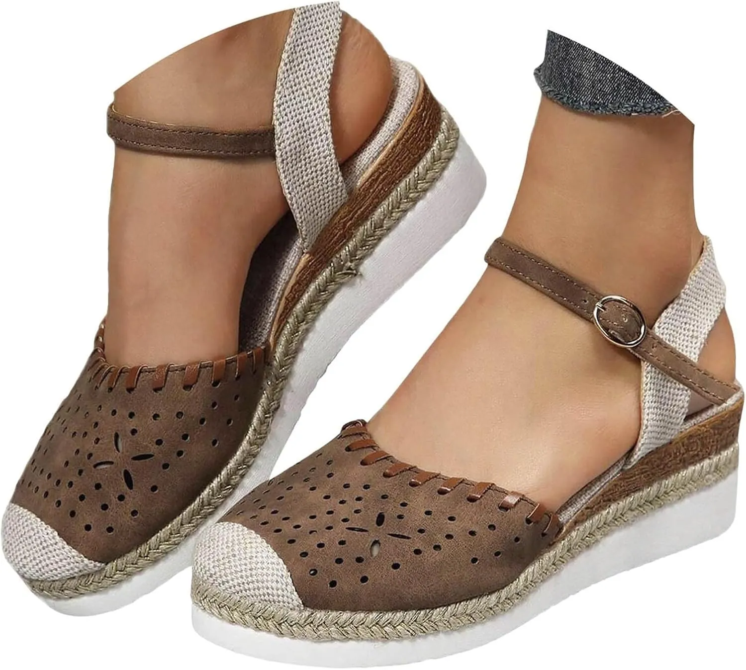 Retro Wedge Heels Women's Closed Toe Platform Sandals with Elastic Ankle Strap - Canvas Summer Dressy Shoes