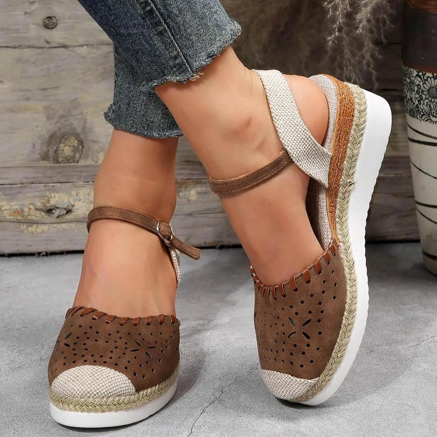 Retro Wedge Heels Women's Closed Toe Platform Sandals with Elastic Ankle Strap - Canvas Summer Dressy Shoes