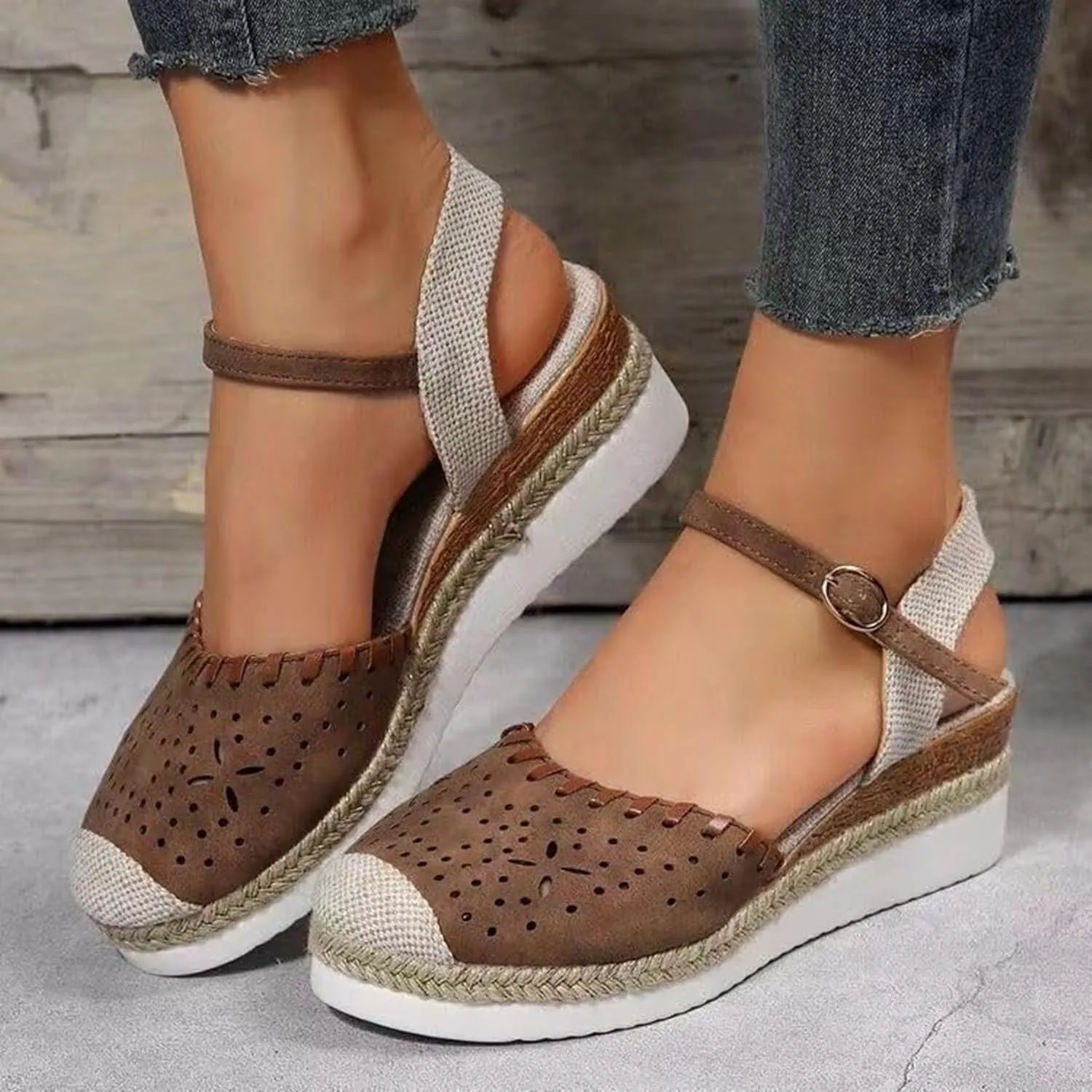 Retro Wedge Heels Women's Closed Toe Platform Sandals with Elastic Ankle Strap - Canvas Summer Dressy Shoes