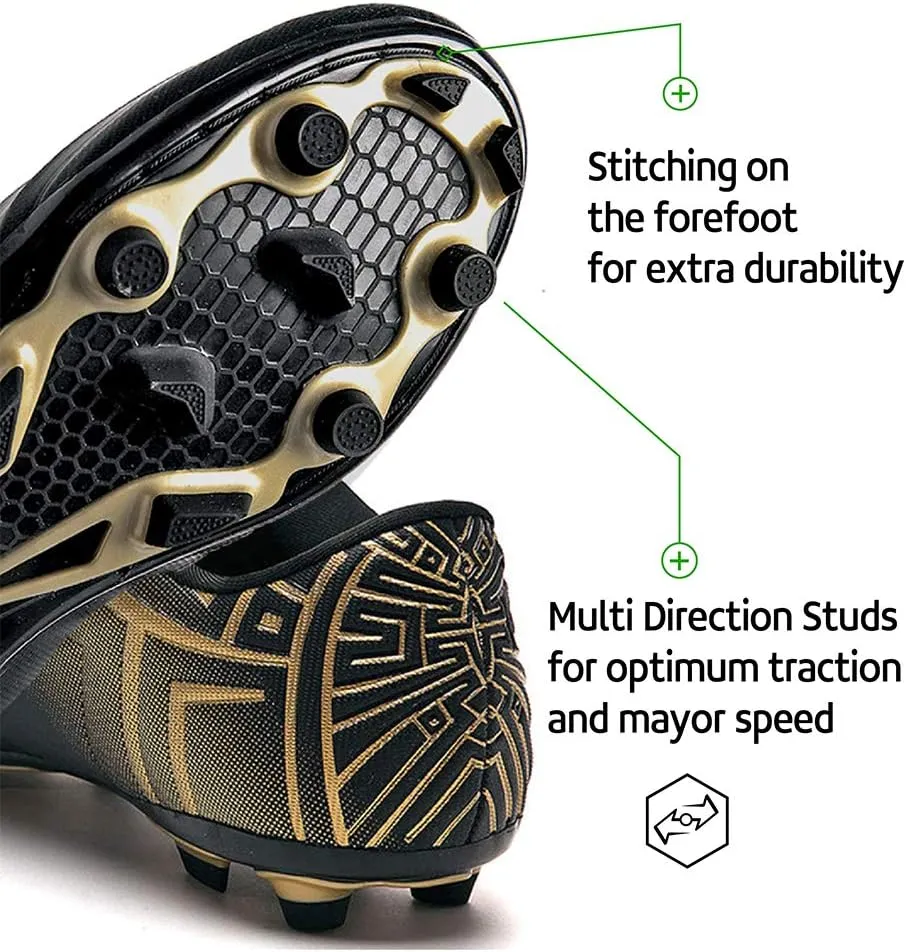 RUNIC Soccer Cleats for Men and Boys – Firm Ground Cleats with Multi-Shaped Studs - Textured Forefoot- Soft Lining -Flexible Upper - Reinforced Stitching - Black/Gold - 6