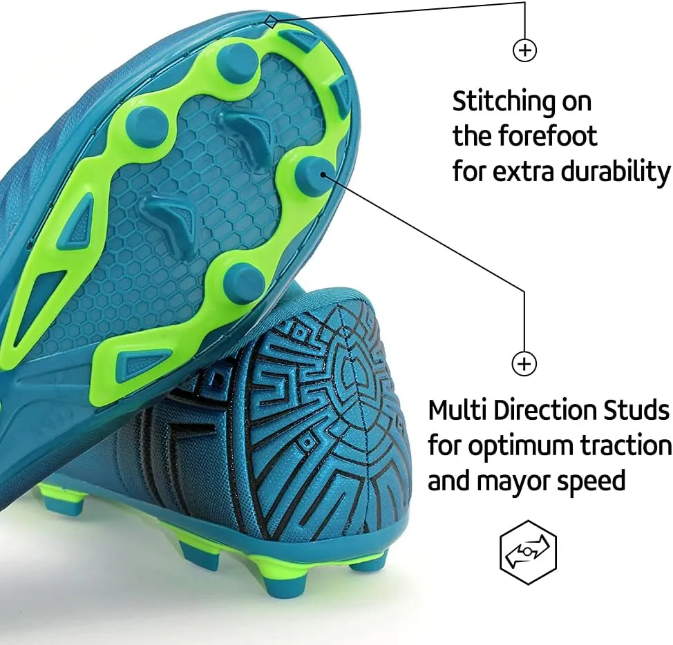 RUNIC Soccer Cleats for Men and Boys – Firm Ground Cleats with Multi-Shaped Studs - Textured Forefoot- Soft Lining -Flexible Upper - Reinforced Stitching - Black/Gold - 6