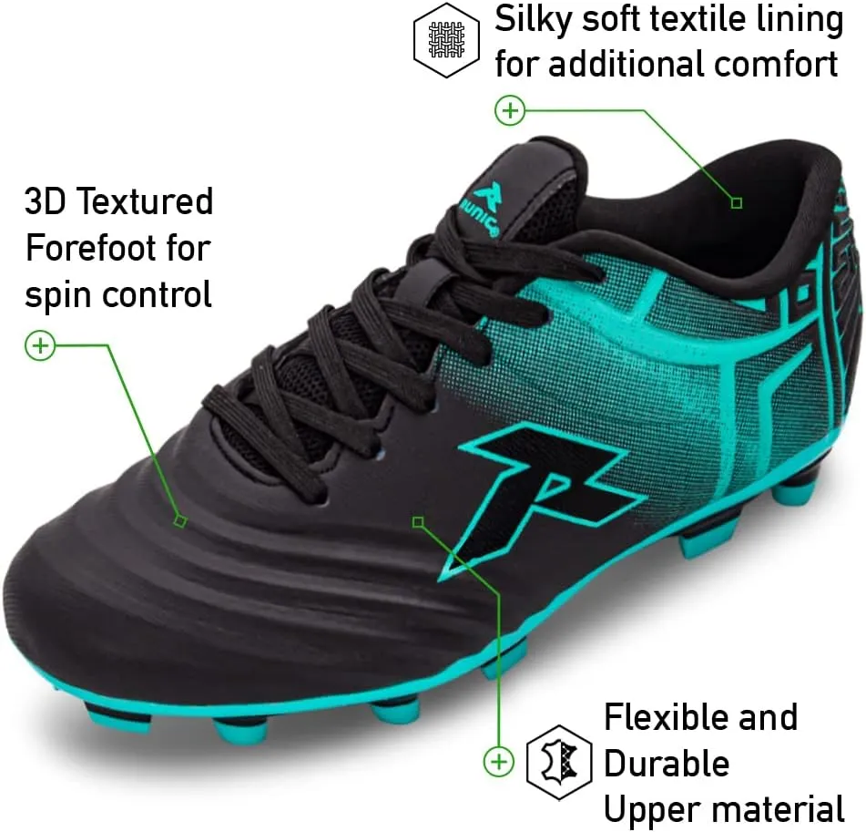 RUNIC Soccer Cleats for Men and Boys – Firm Ground Cleats with Multi-Shaped Studs - Textured Forefoot- Soft Lining -Flexible Upper - Reinforced Stitching - Black/Gold - 6