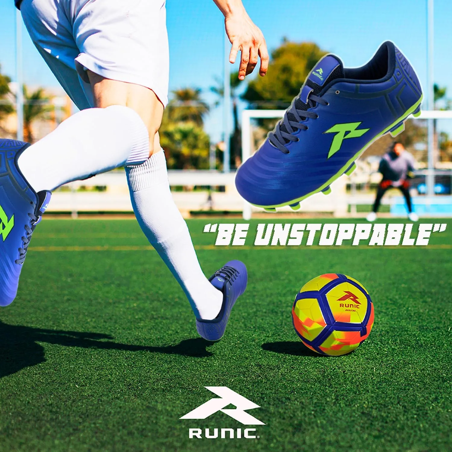 RUNIC Soccer Cleats for Men and Boys – Firm Ground Cleats with Multi-Shaped Studs - Textured Forefoot- Soft Lining -Flexible Upper - Reinforced Stitching - Black/Gold - 6