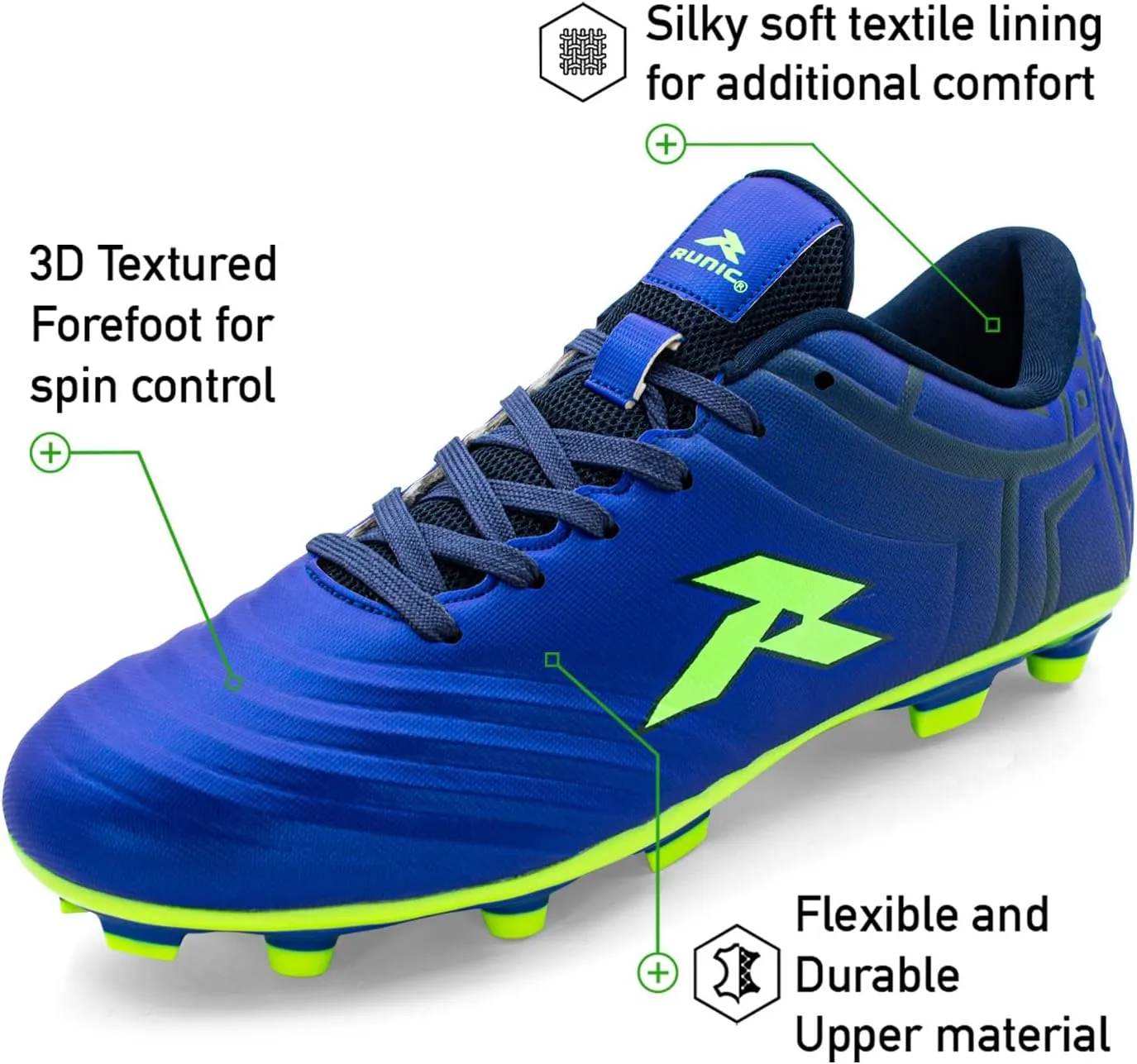RUNIC Soccer Cleats for Men and Boys – Firm Ground Cleats with Multi-Shaped Studs - Textured Forefoot- Soft Lining -Flexible Upper - Reinforced Stitching - Black/Gold - 6