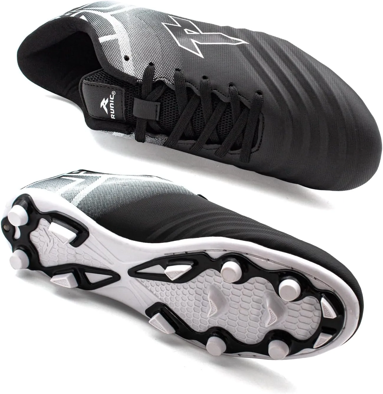 RUNIC Soccer Cleats for Men and Boys – Firm Ground Cleats with Multi-Shaped Studs - Textured Forefoot- Soft Lining -Flexible Upper - Reinforced Stitching - Black/Gold - 6
