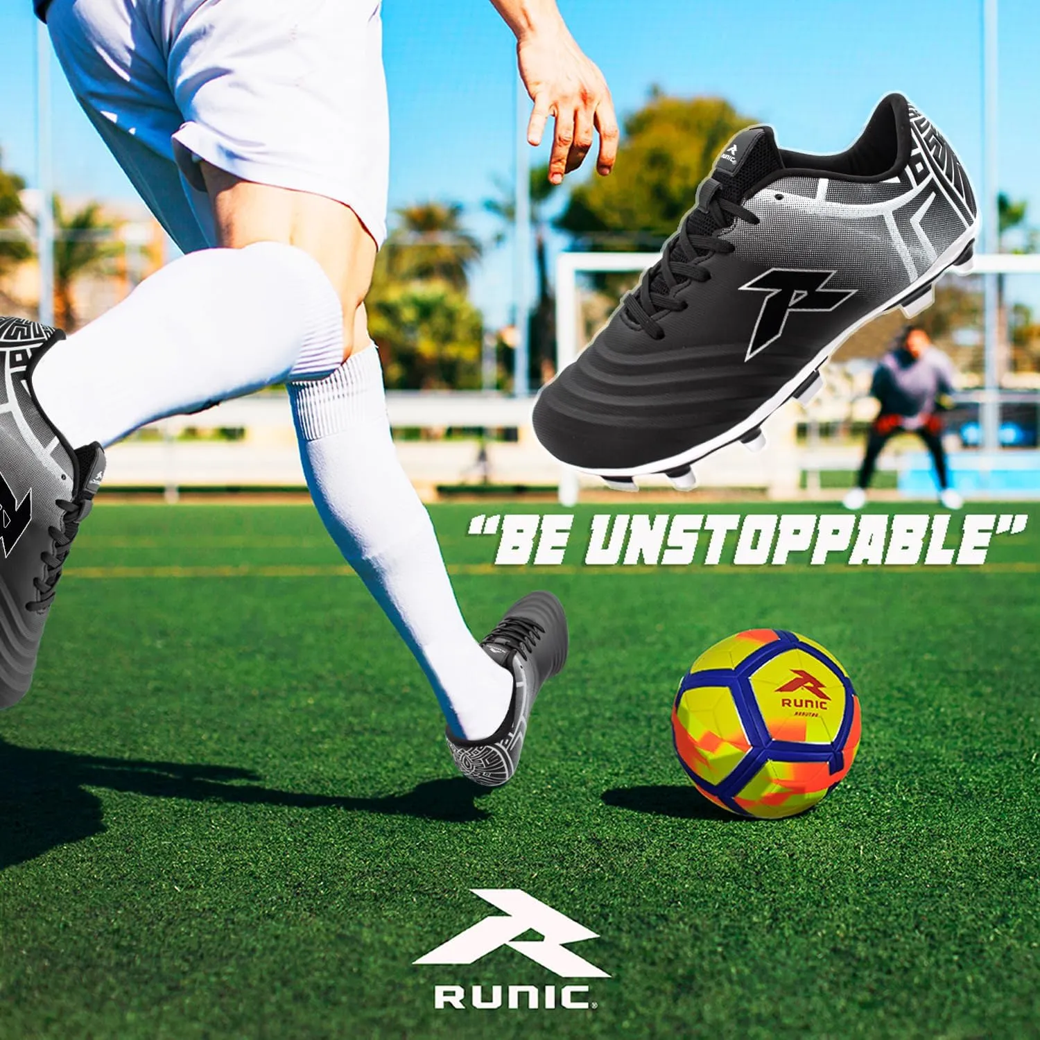 RUNIC Soccer Cleats for Men and Boys – Firm Ground Cleats with Multi-Shaped Studs - Textured Forefoot- Soft Lining -Flexible Upper - Reinforced Stitching - Black/Gold - 6
