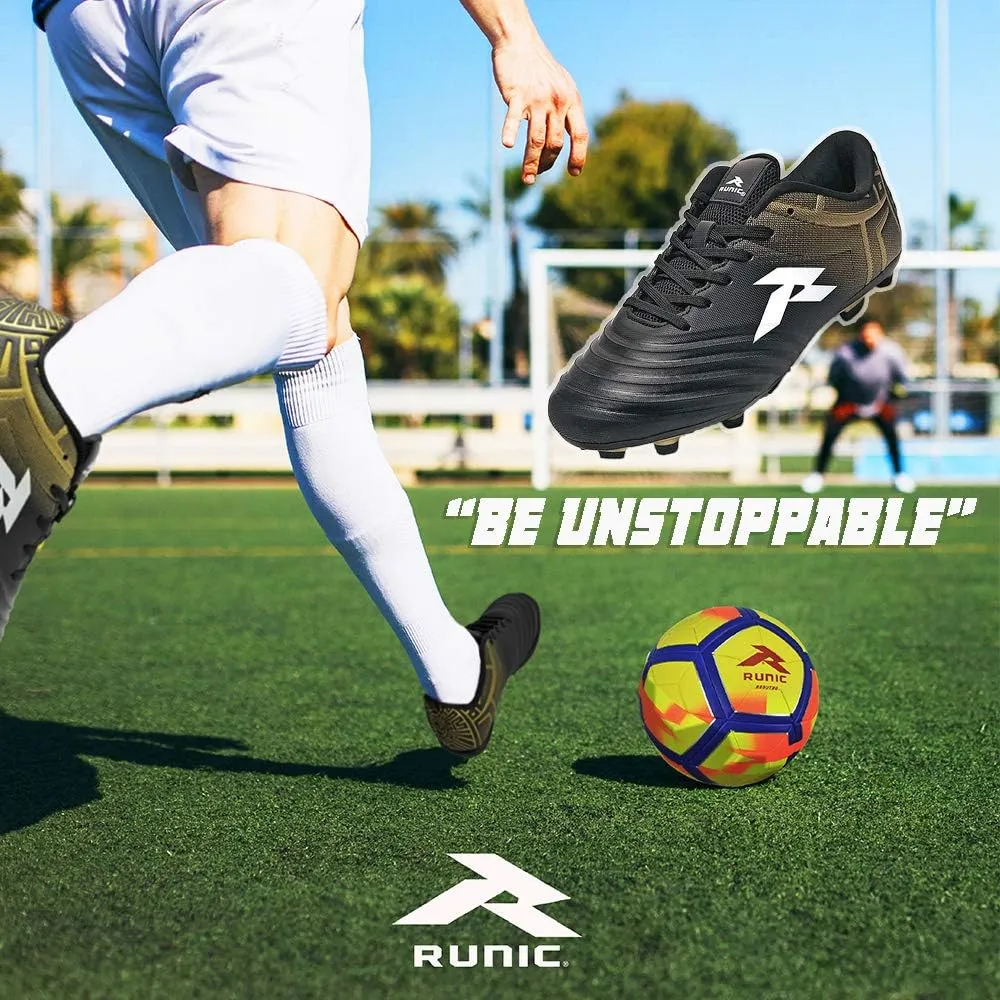 RUNIC Soccer Cleats for Men and Boys – Firm Ground Cleats with Multi-Shaped Studs - Textured Forefoot- Soft Lining -Flexible Upper - Reinforced Stitching - Black/Gold - 6