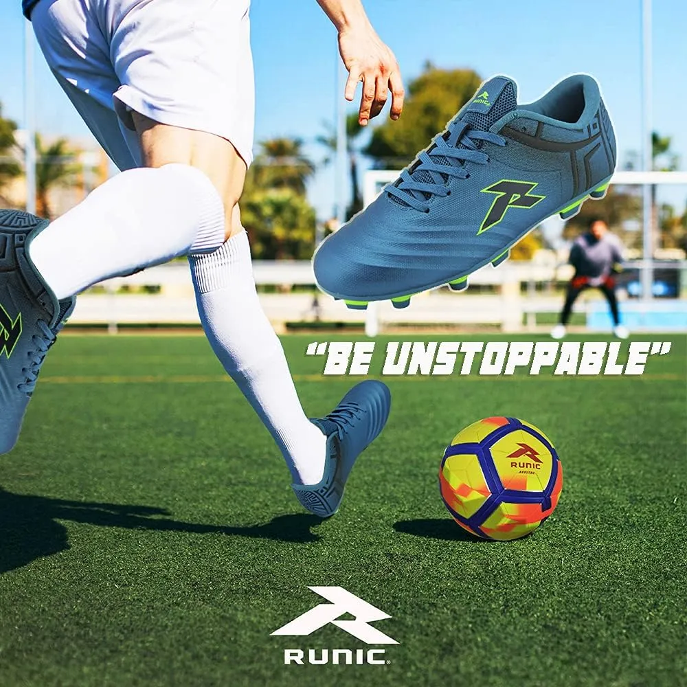 RUNIC Soccer Cleats for Men and Boys – Firm Ground Cleats with Multi-Shaped Studs - Textured Forefoot- Soft Lining -Flexible Upper - Reinforced Stitching - Black/Gold - 6