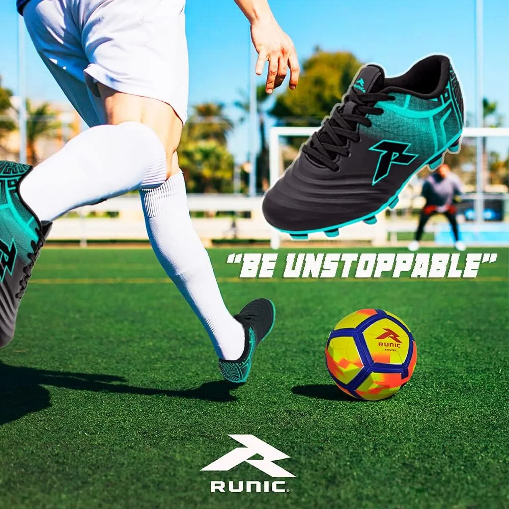 RUNIC Soccer Cleats for Men and Boys – Firm Ground Cleats with Multi-Shaped Studs - Textured Forefoot- Soft Lining -Flexible Upper - Reinforced Stitching - Black/Gold - 6
