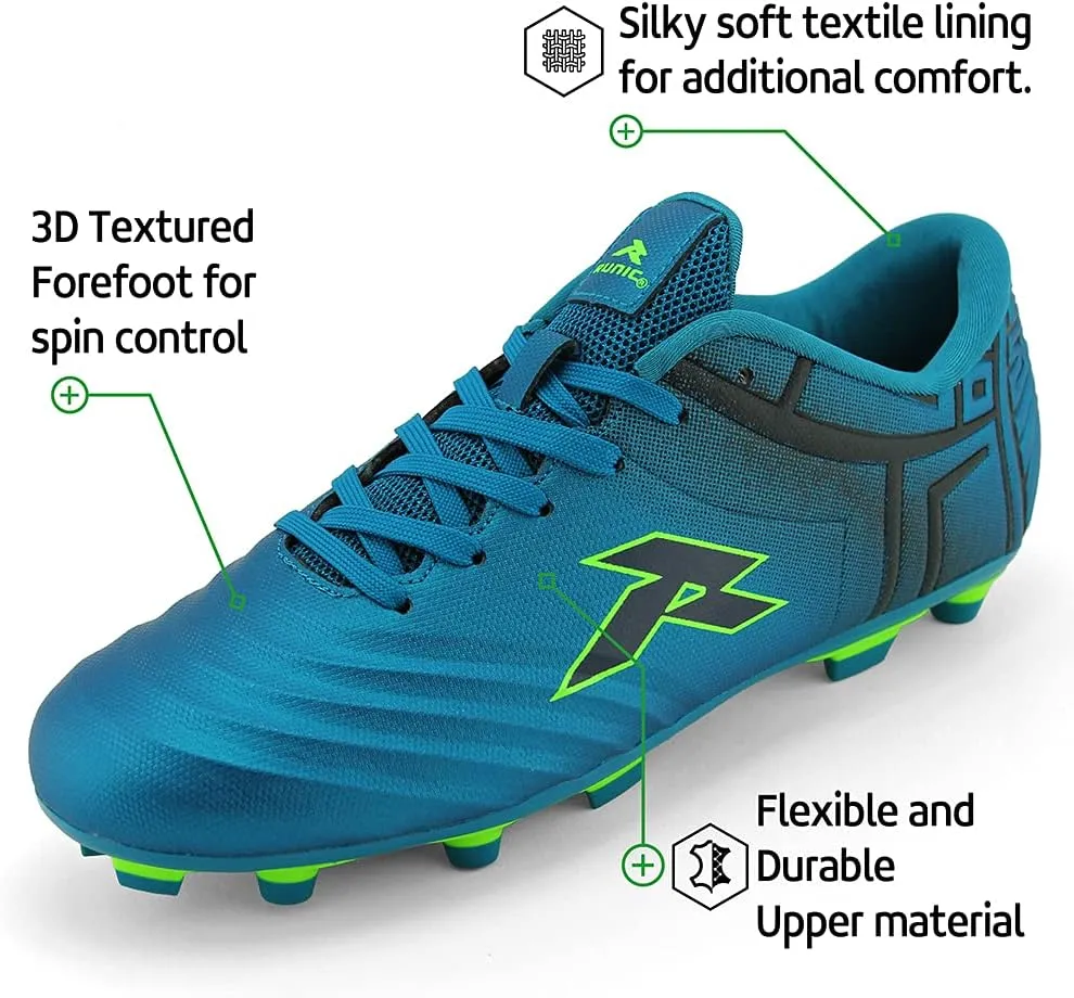 RUNIC Soccer Cleats for Men and Boys – Firm Ground Cleats with Multi-Shaped Studs - Textured Forefoot- Soft Lining -Flexible Upper - Reinforced Stitching - Black/Gold - 6