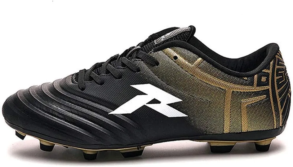 RUNIC Soccer Cleats for Men and Boys – Firm Ground Cleats with Multi-Shaped Studs - Textured Forefoot- Soft Lining -Flexible Upper - Reinforced Stitching - Black/Gold - 6